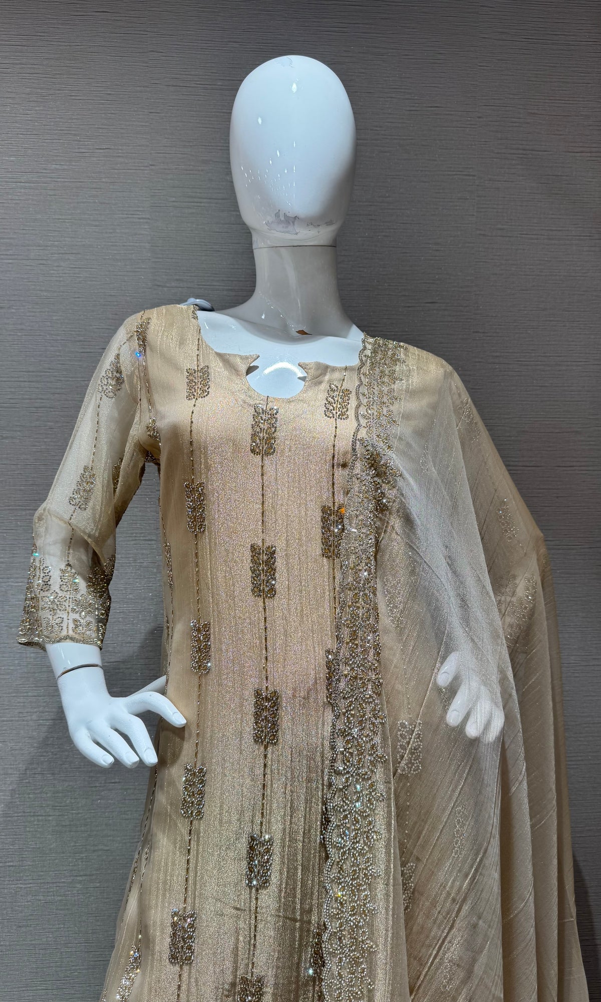 Beige Tissue silk embroidered kurta set with dupatta