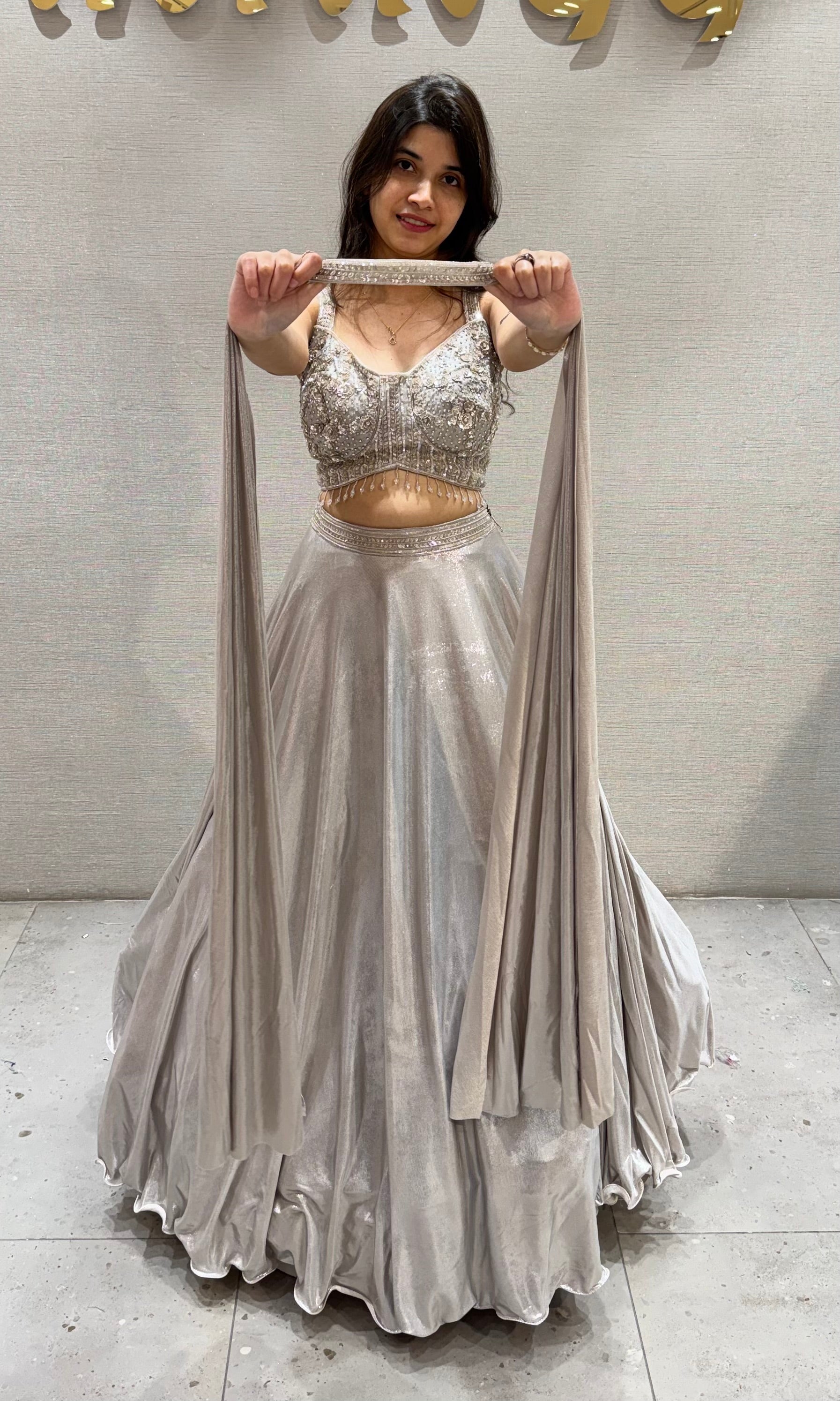 Metallic Silver Organza Lehenga Set
