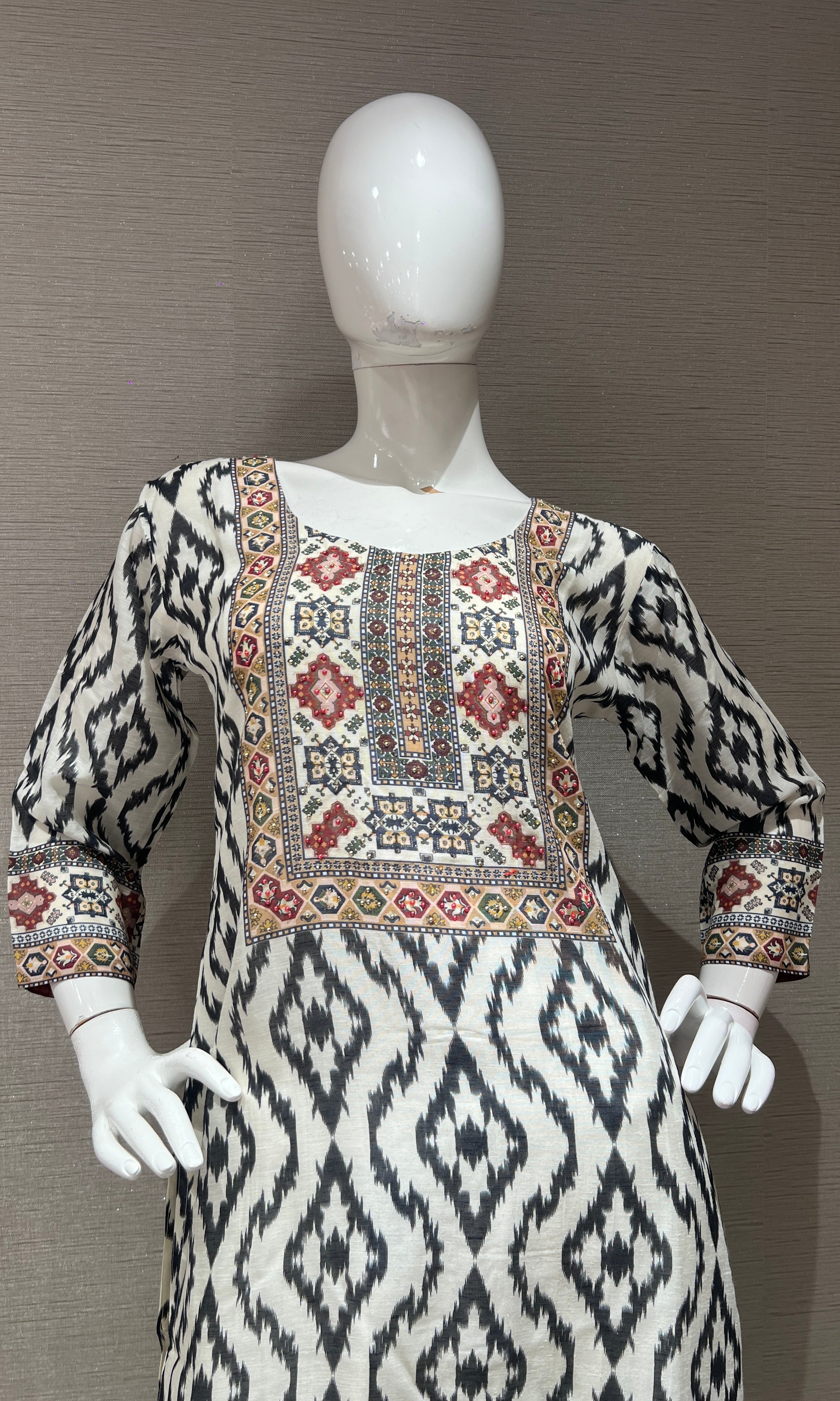 Black & White Geometric Kurta with Printed Dupatta