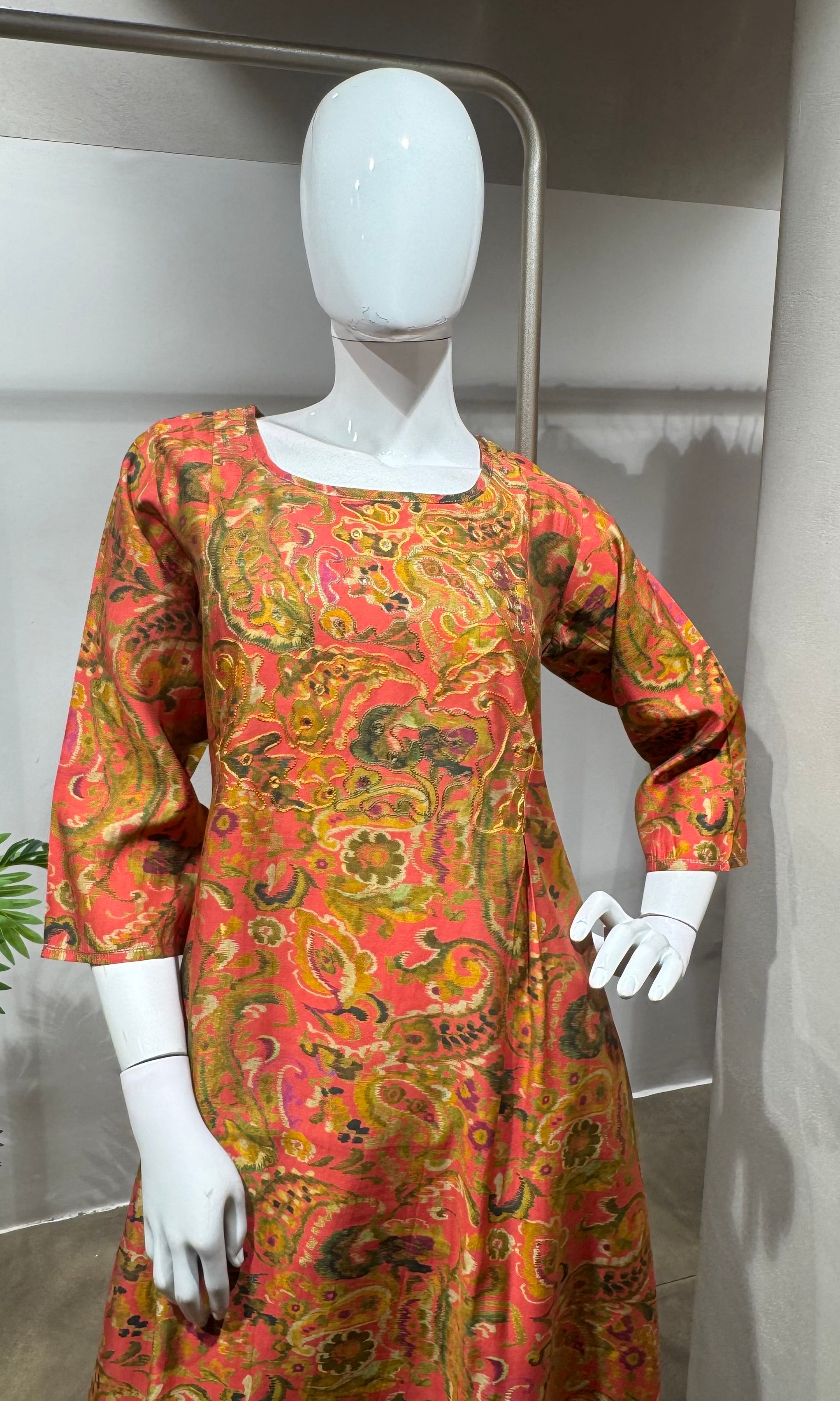 Rust floral printed A-line kurti with bottom