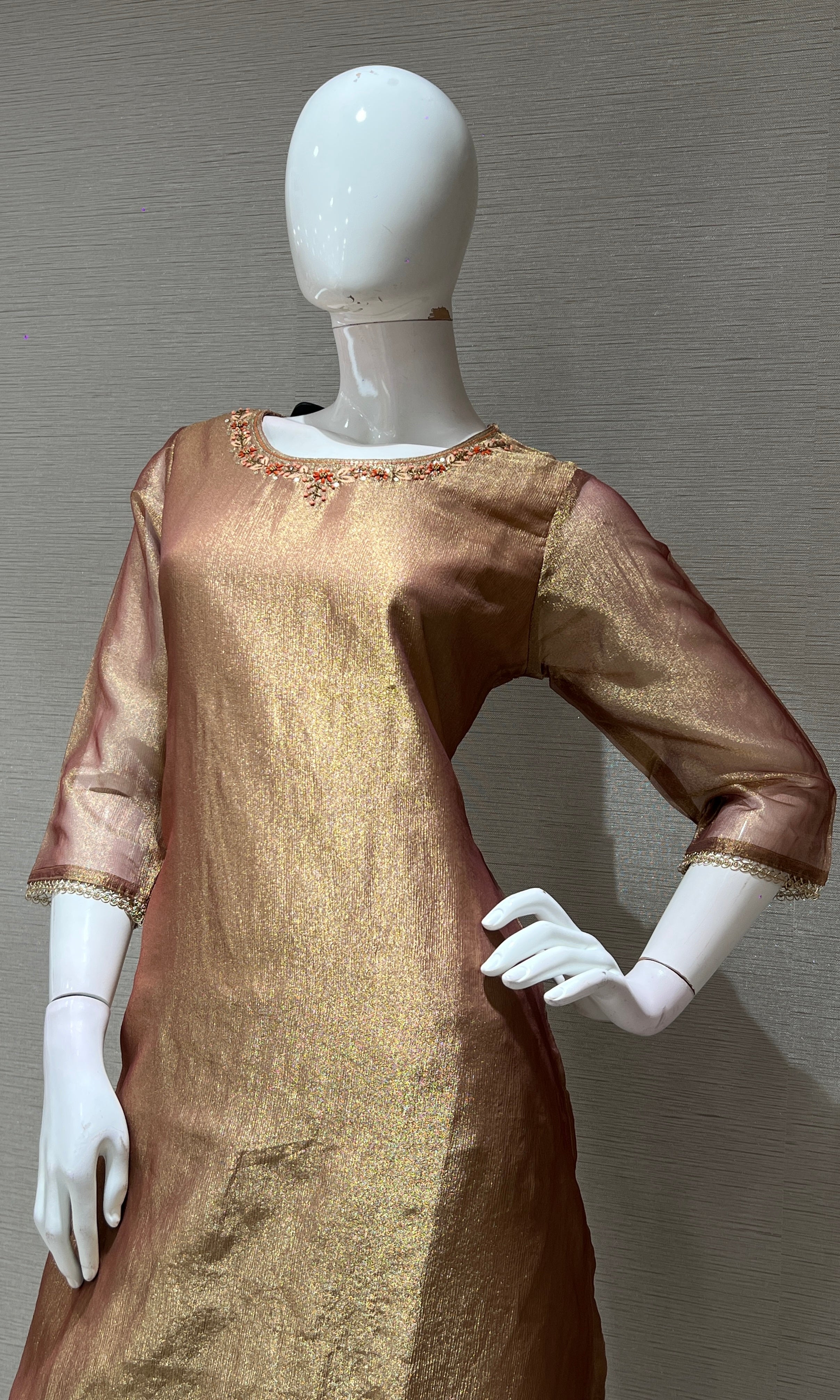 LIGHT BROWN KURTA SET WITH LOTUS PRINT DUPATTA