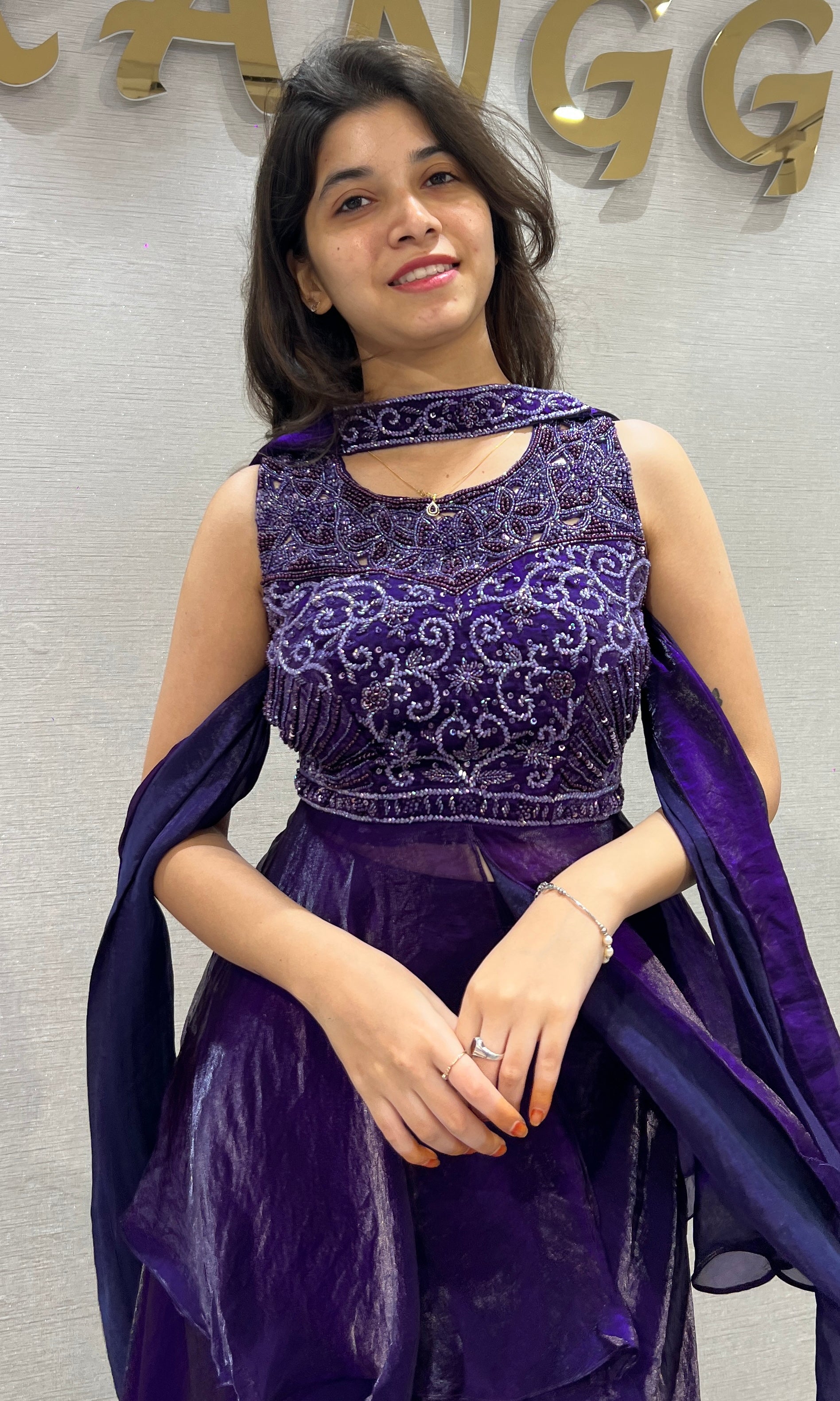 Purple Peplum Top with Flared Palazzo & Choker Dupatta Set