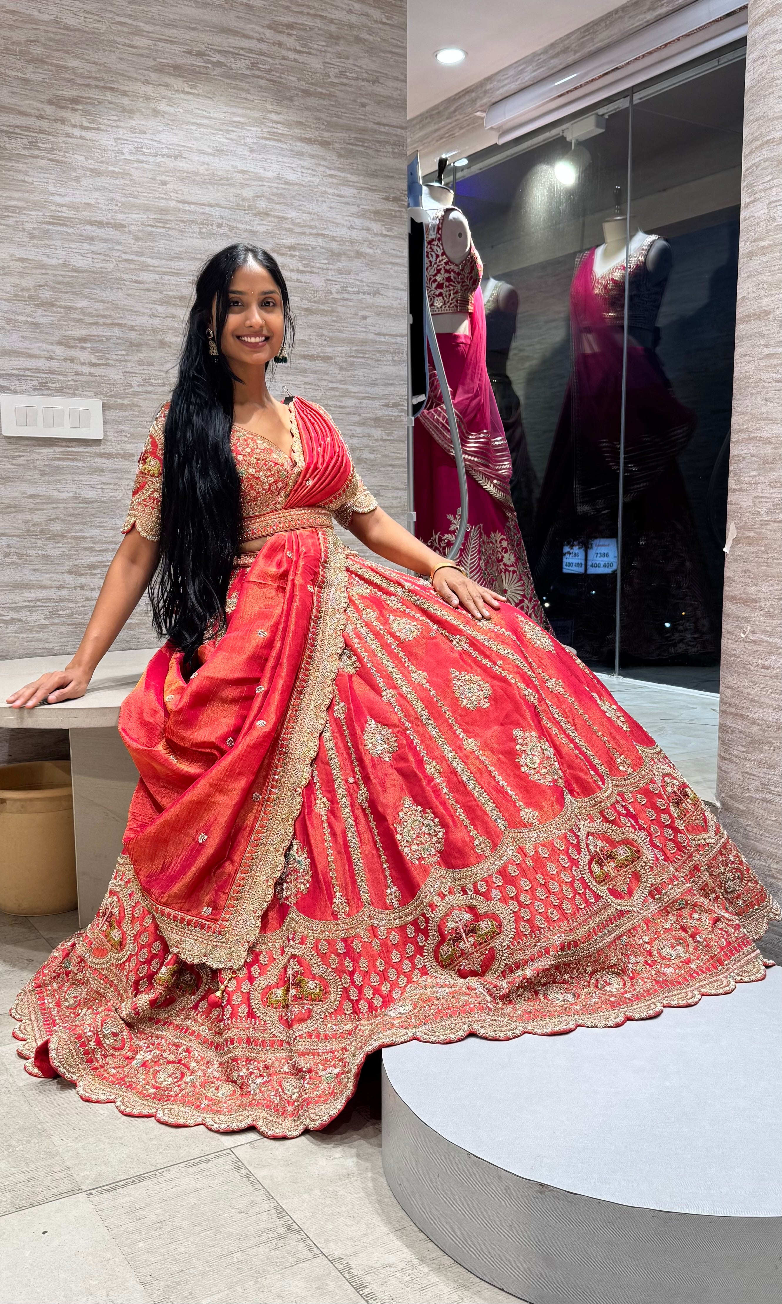 Red Embellished Bridal Lehenga with Belt
