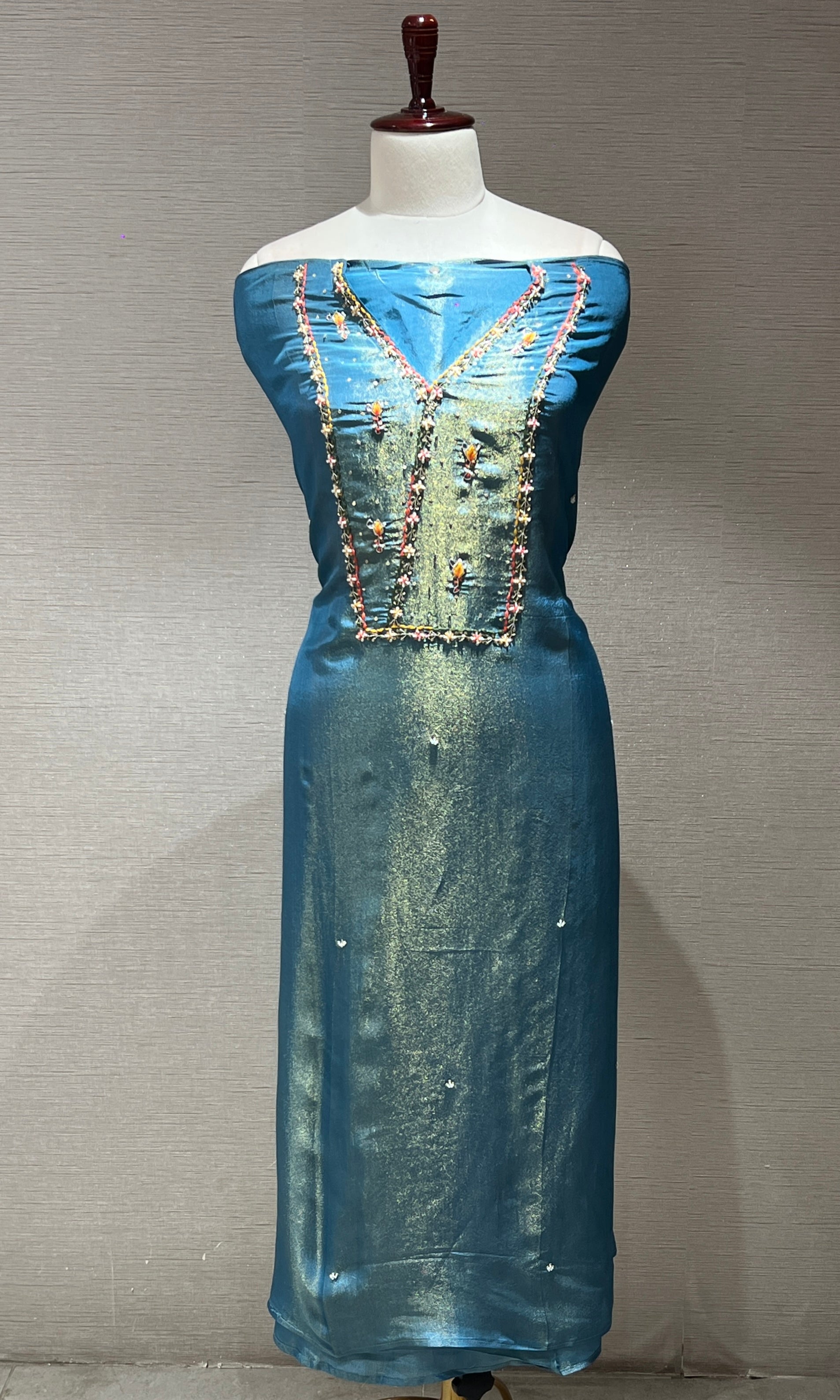 Teal Blossom Embroidered Dress Material
