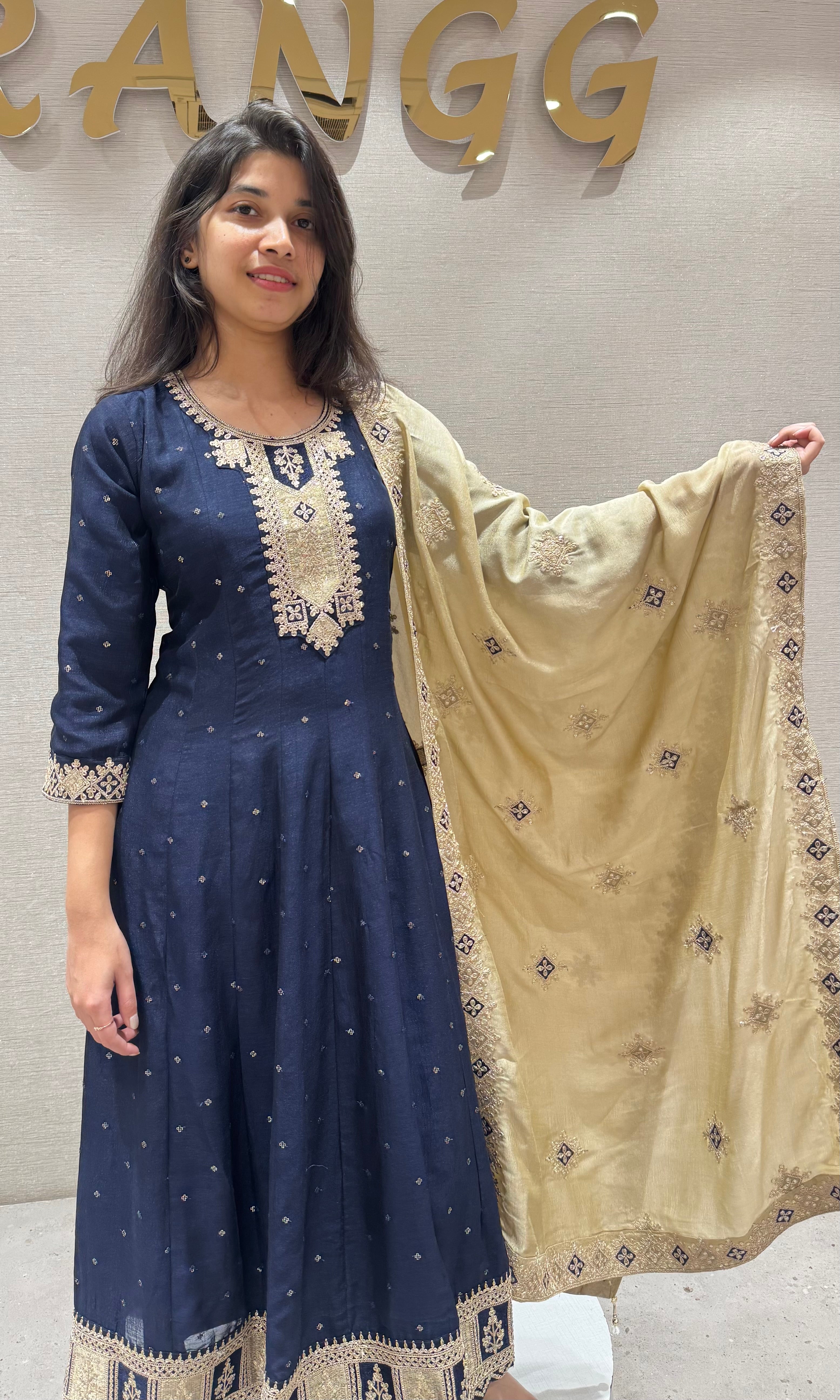 Navy blue Anarkali with contrast dupatta