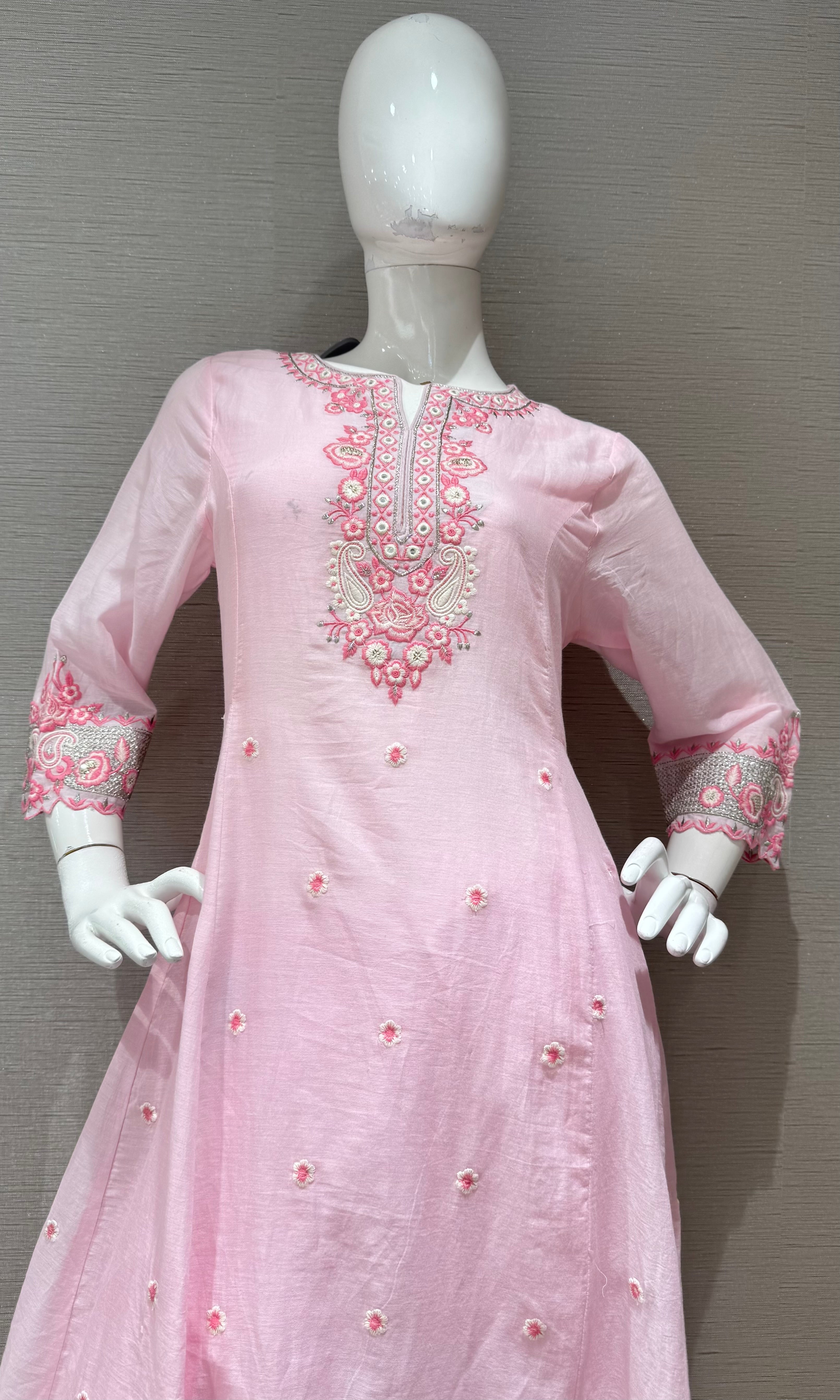 Pink Straight Cut Salwar Suit with Floral Embroidery