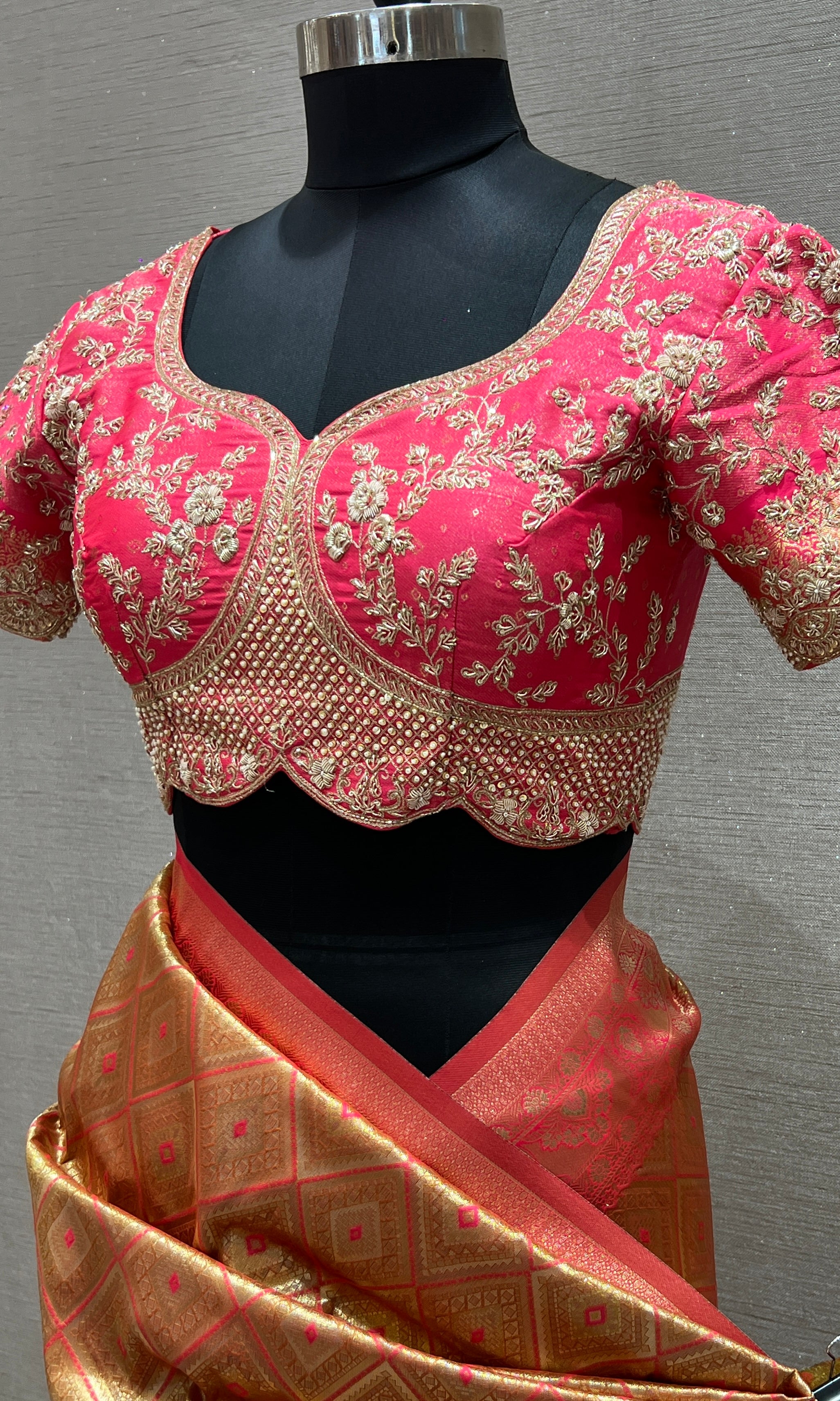 Pink saree with ready blouse