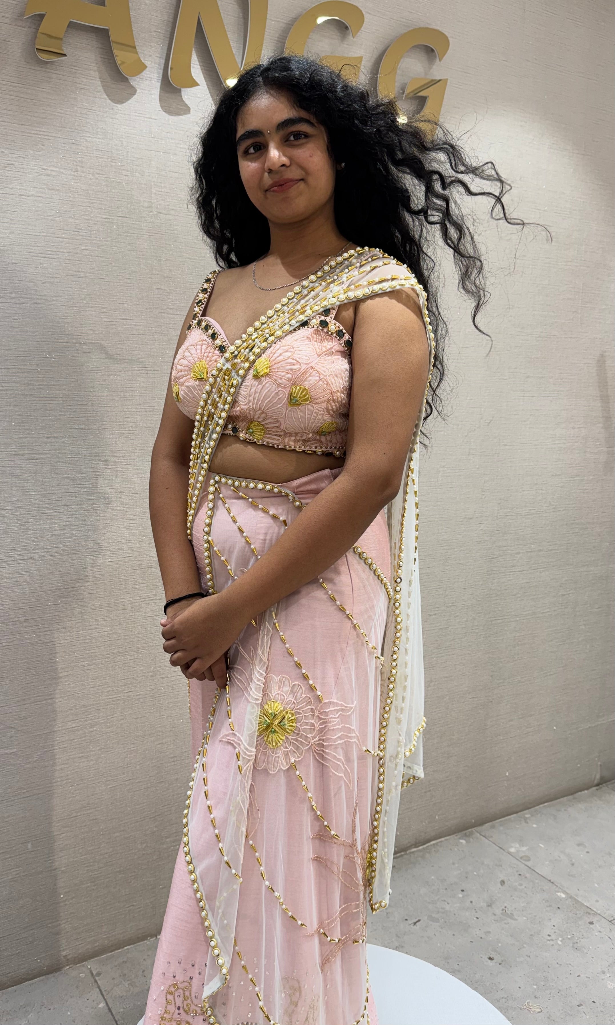 Baby pink palazzo with draped pallu