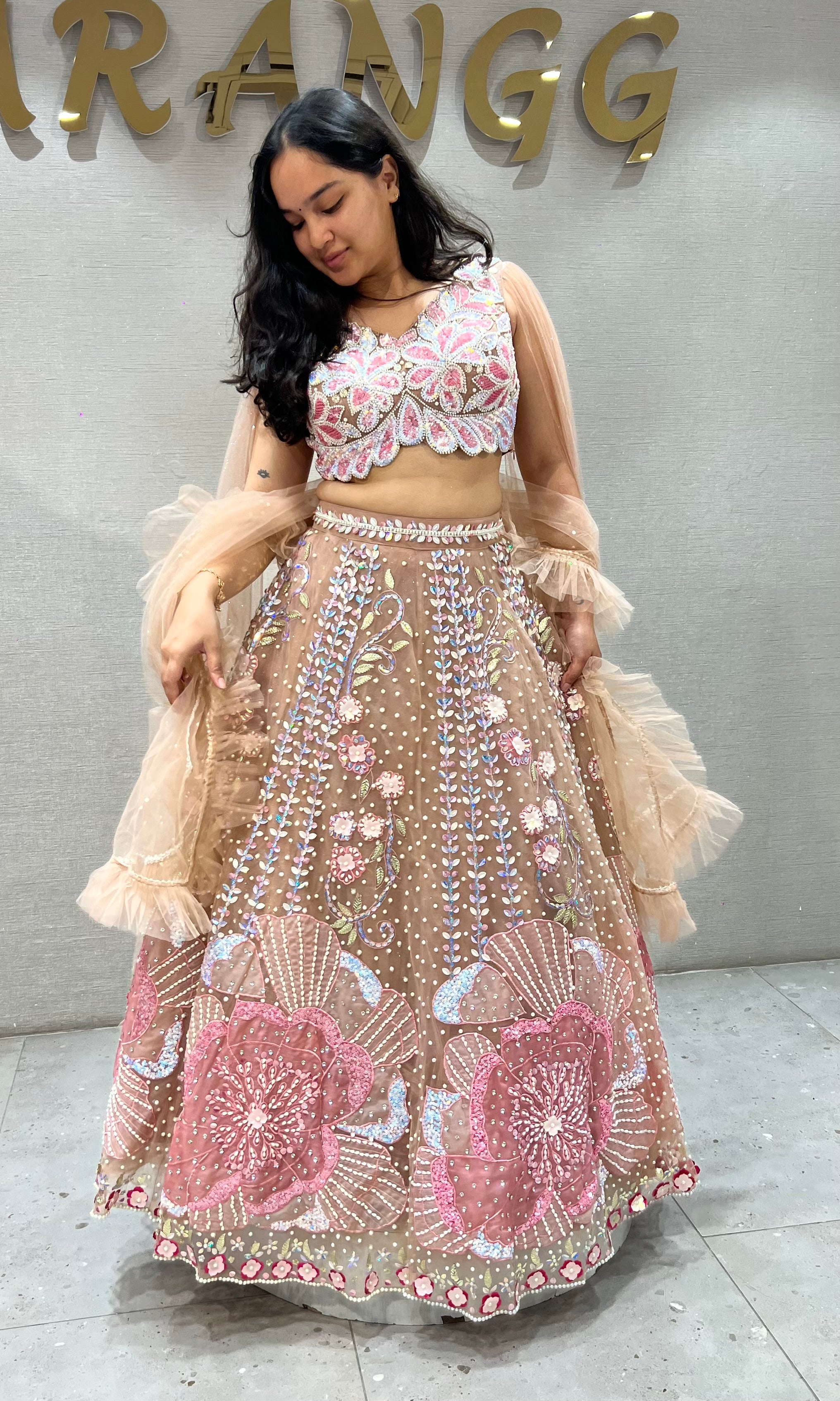 Moee Pink Floral Sequins and Beads Lehenga set