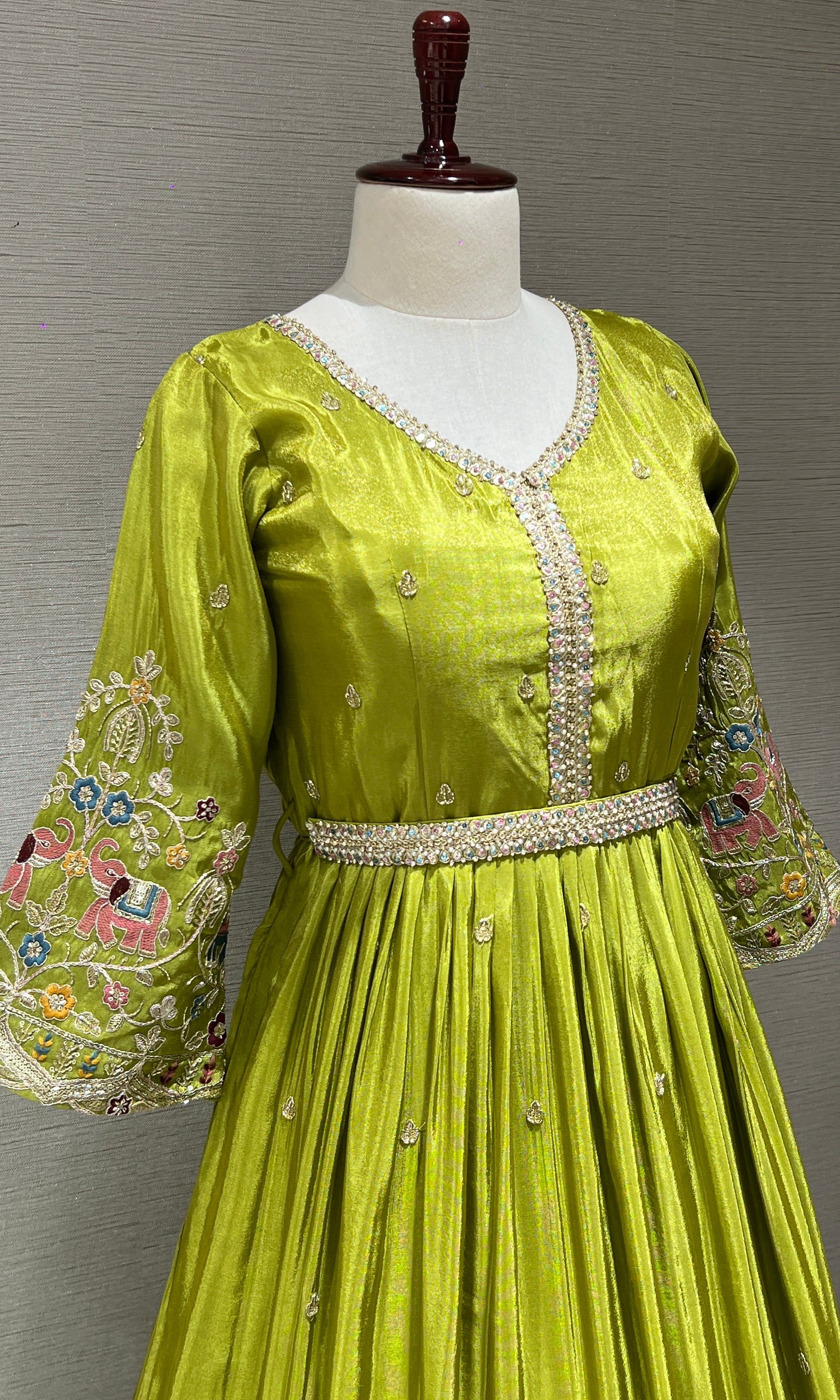 Parrot Green Anarkali Long Gown with Multicolor Thread Work