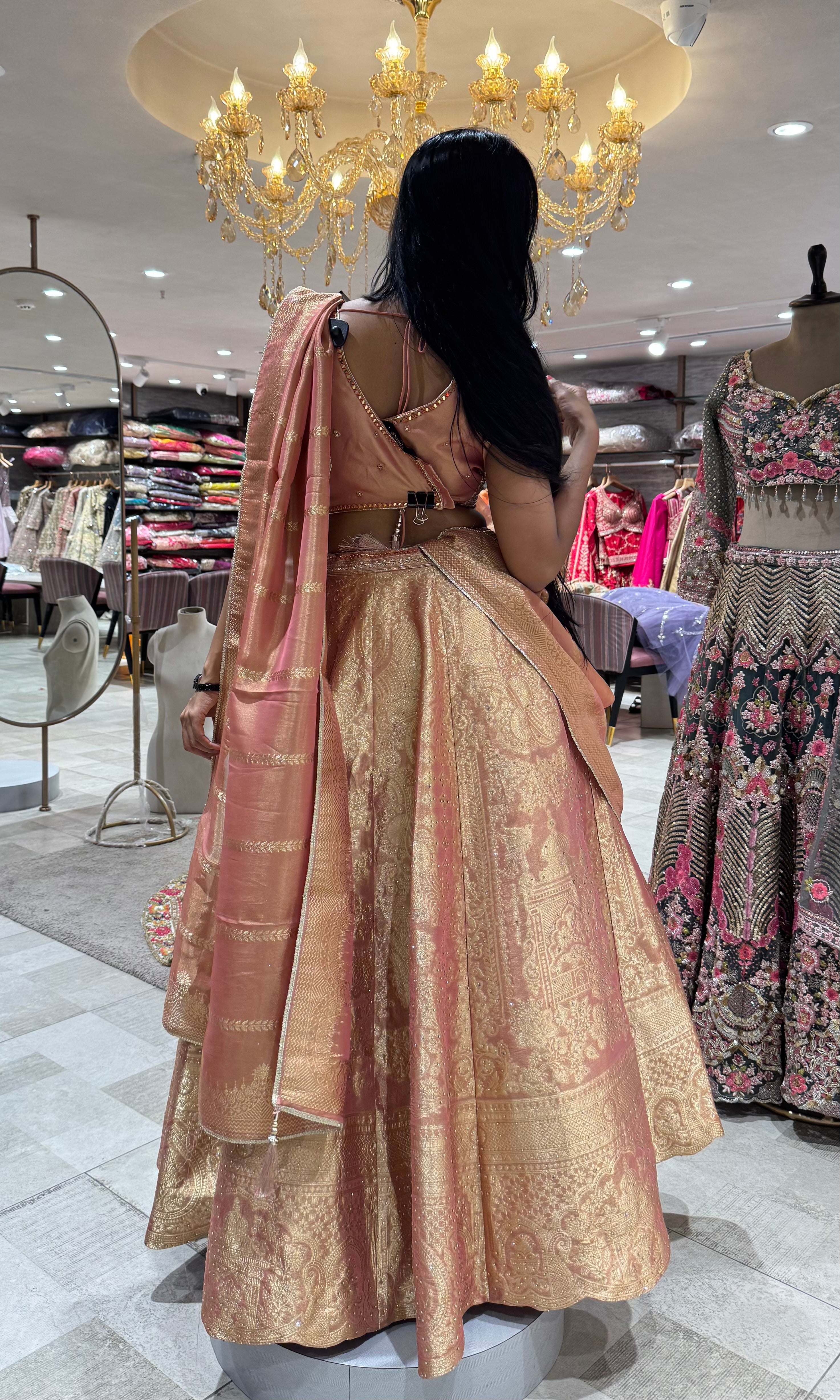 Peach Tissue Embroidered Lehenga