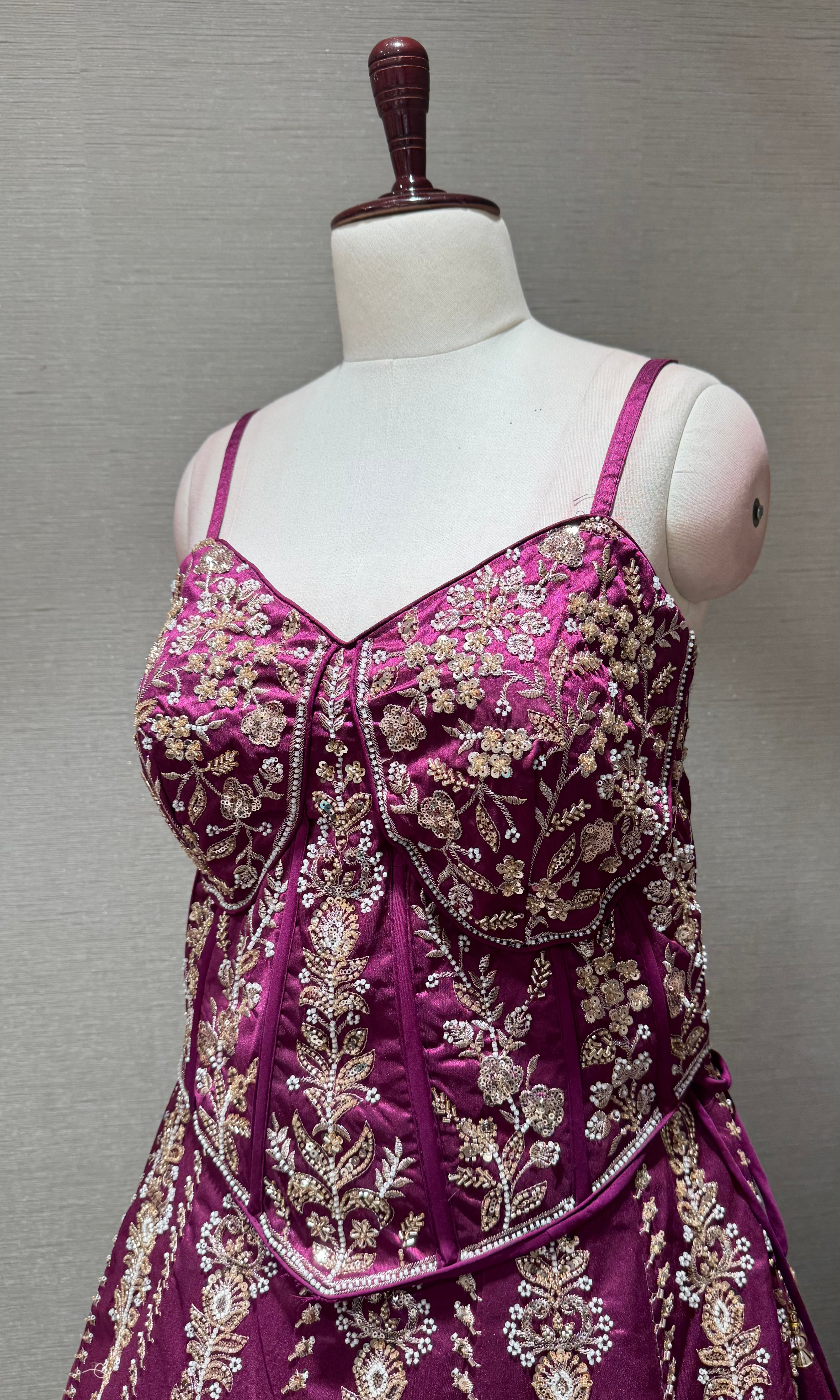 Wine embroidered peplum crop top lehenga set