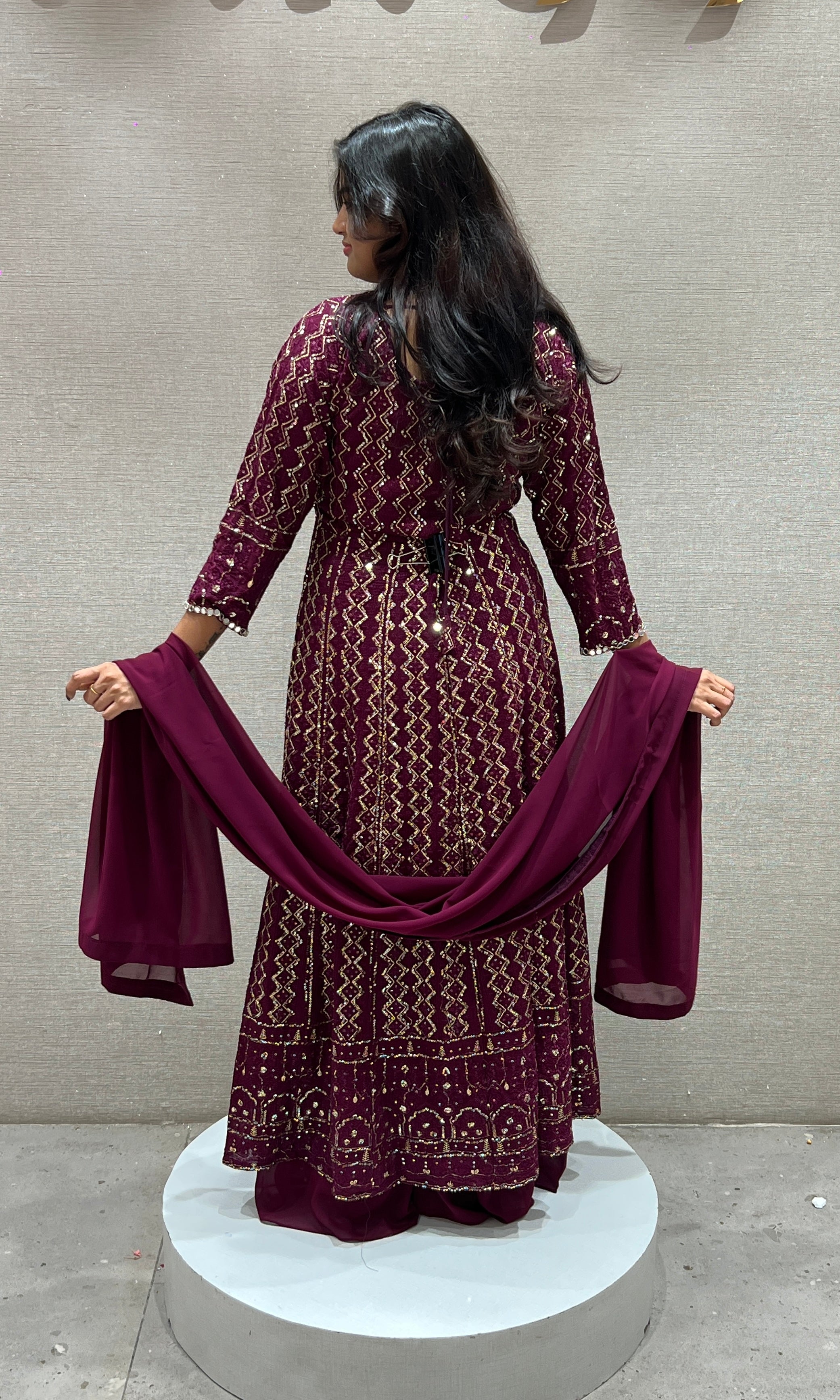 Wine front slit Anarkali with palazzo pants
