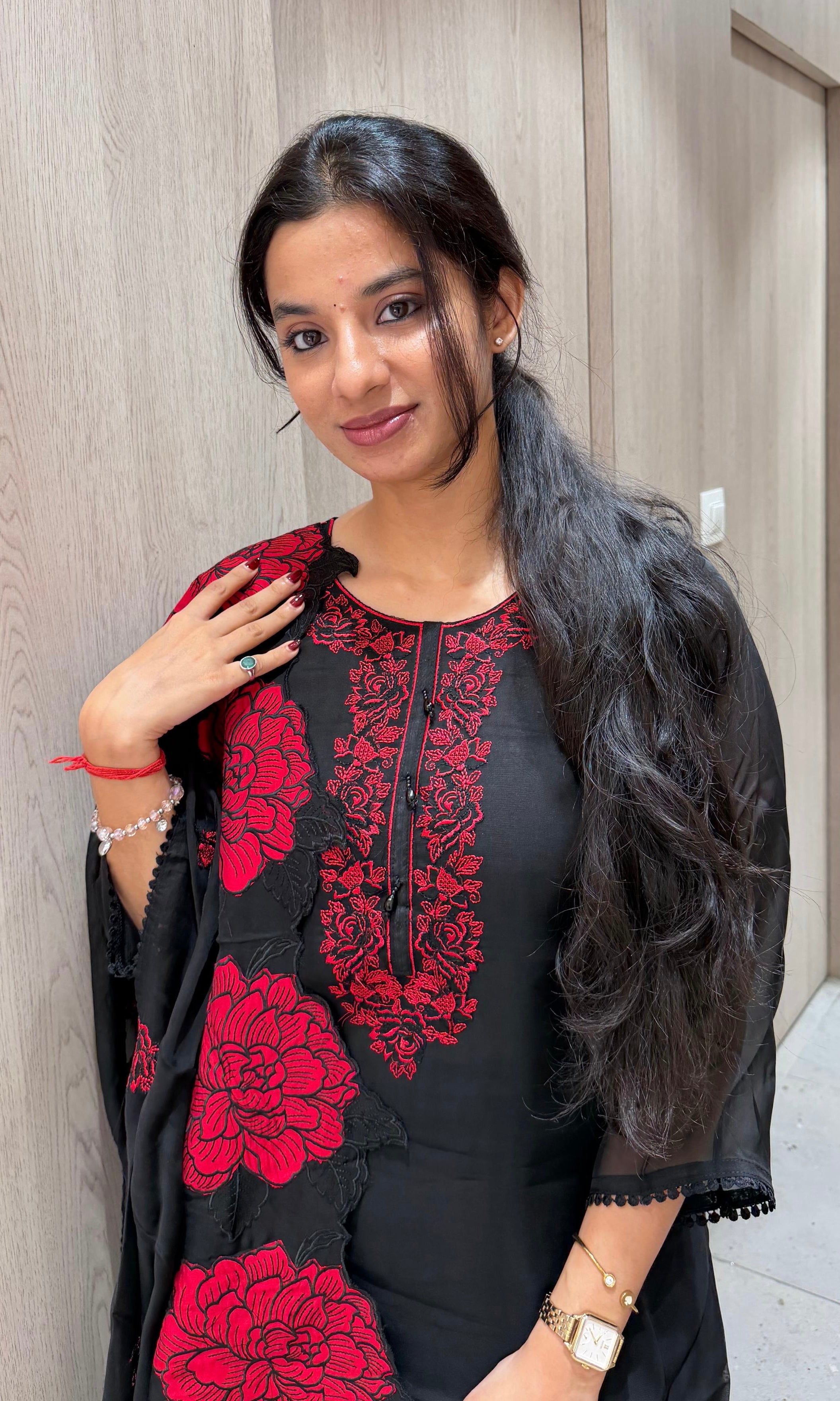 Black RED FLORAL EMBROIDERED kurta set
