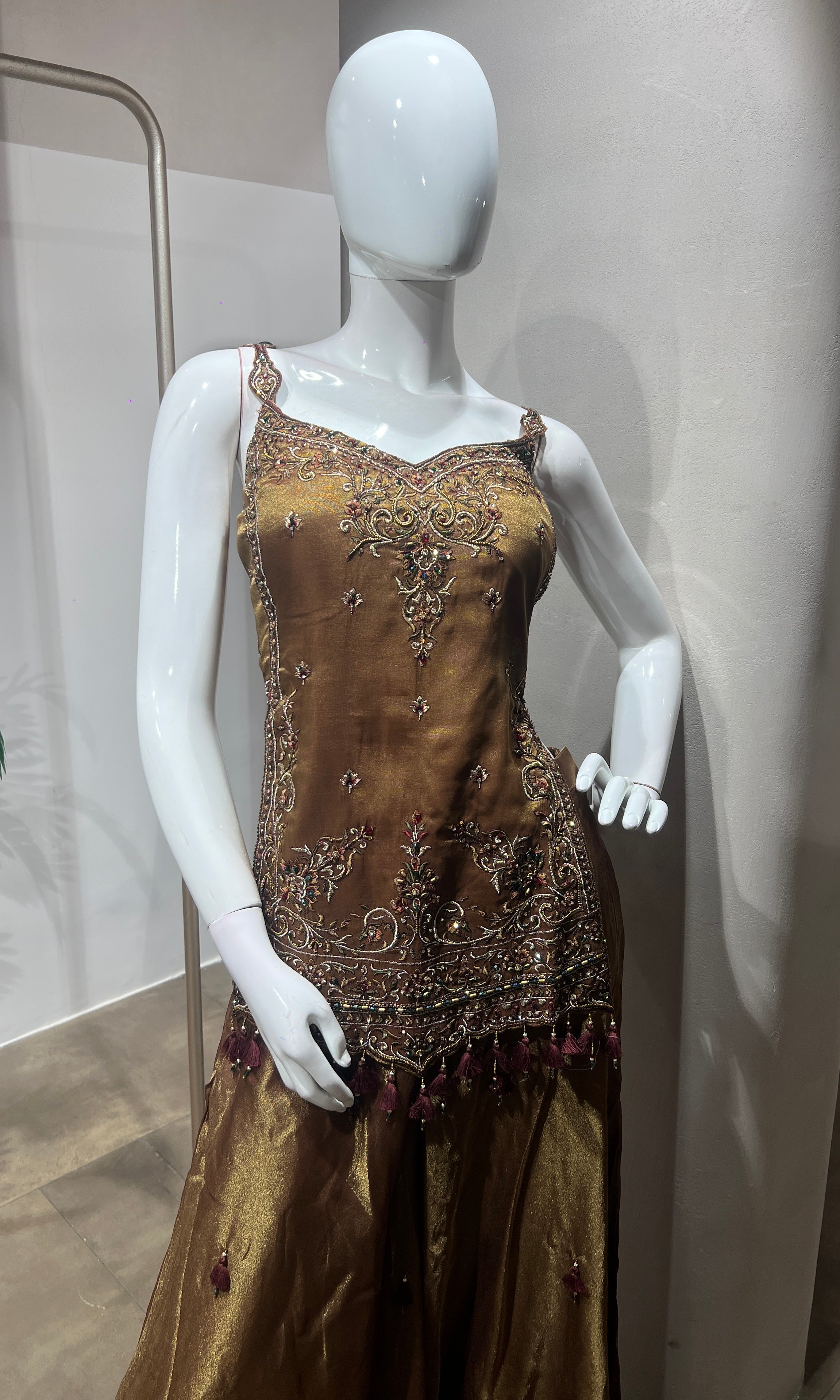 Brown Gold Shimmer Tissue A-Line Anarkali