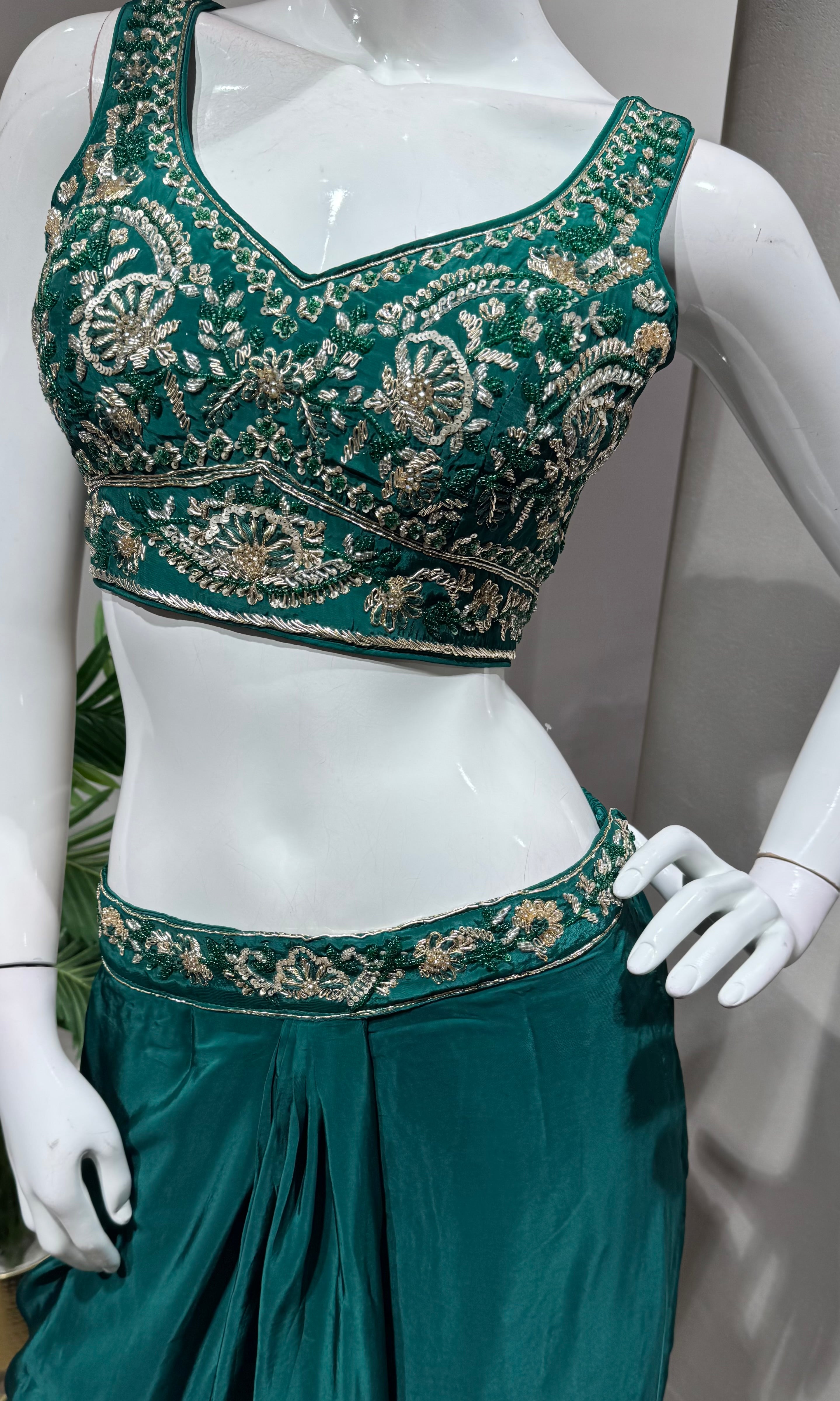 Green Embroidered Blouse Drape Skirt Set