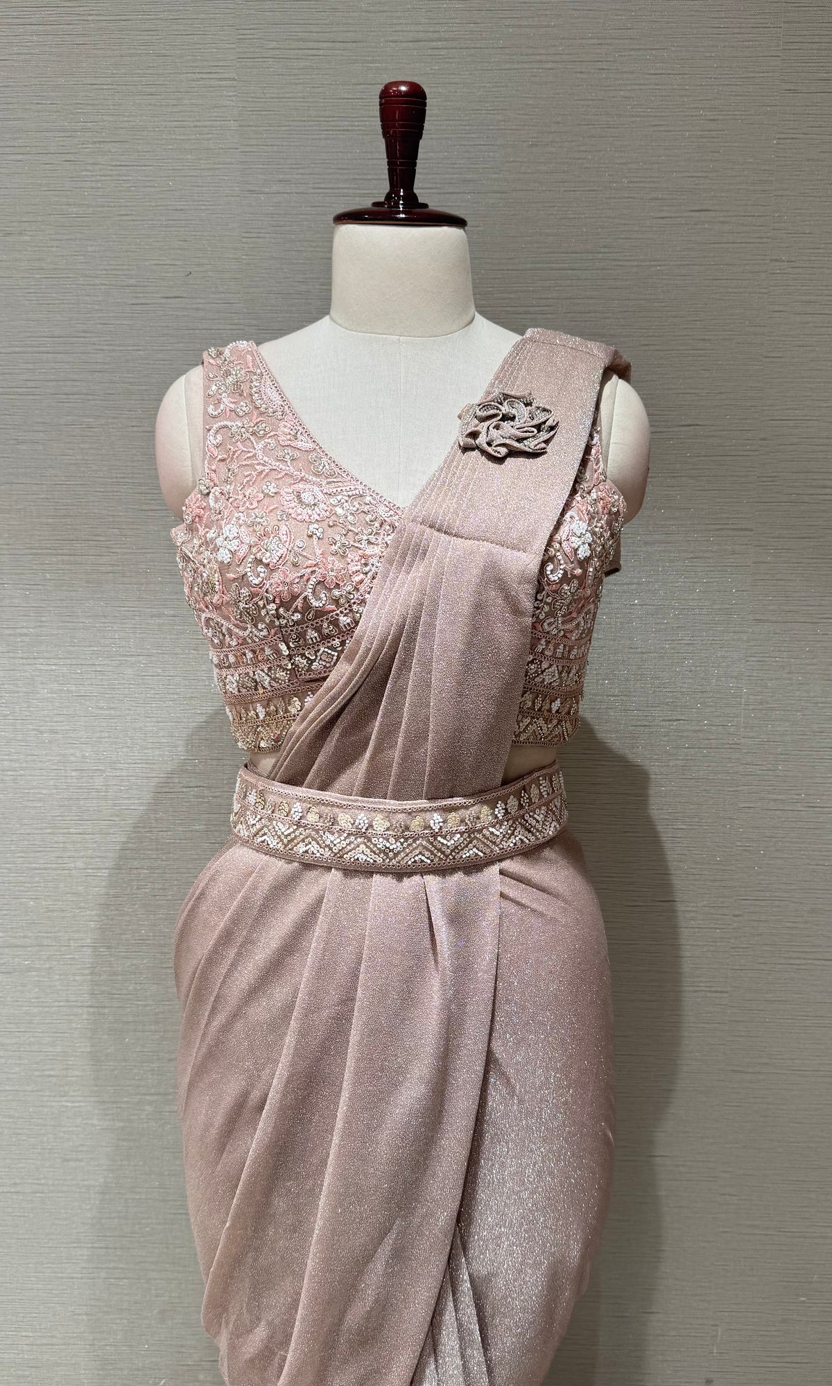 Rose Gold Shimmer Pre-Draped Saree With blouse & belt
