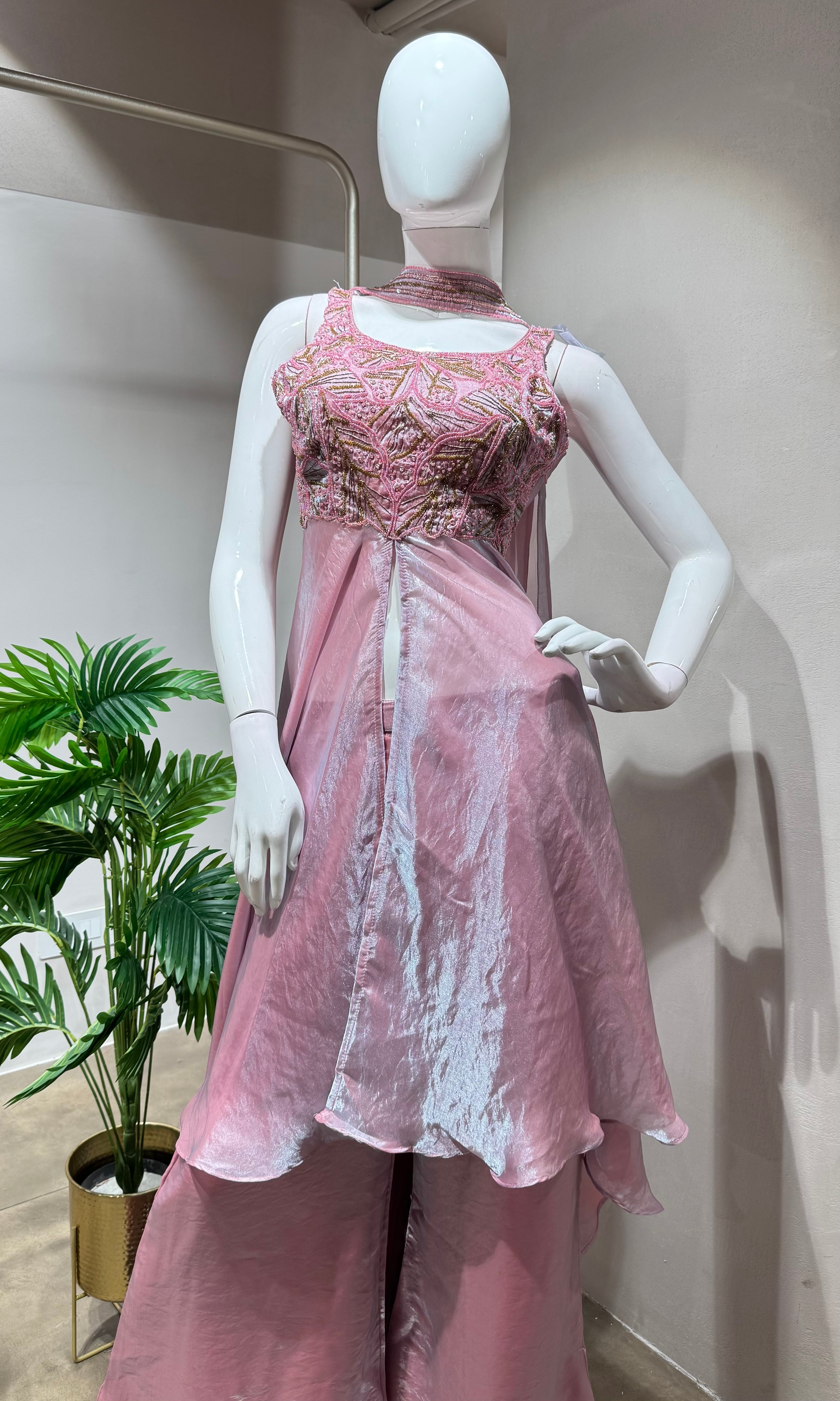 PINK A LINE SHIMMER TISSUE PALAZZO  SET