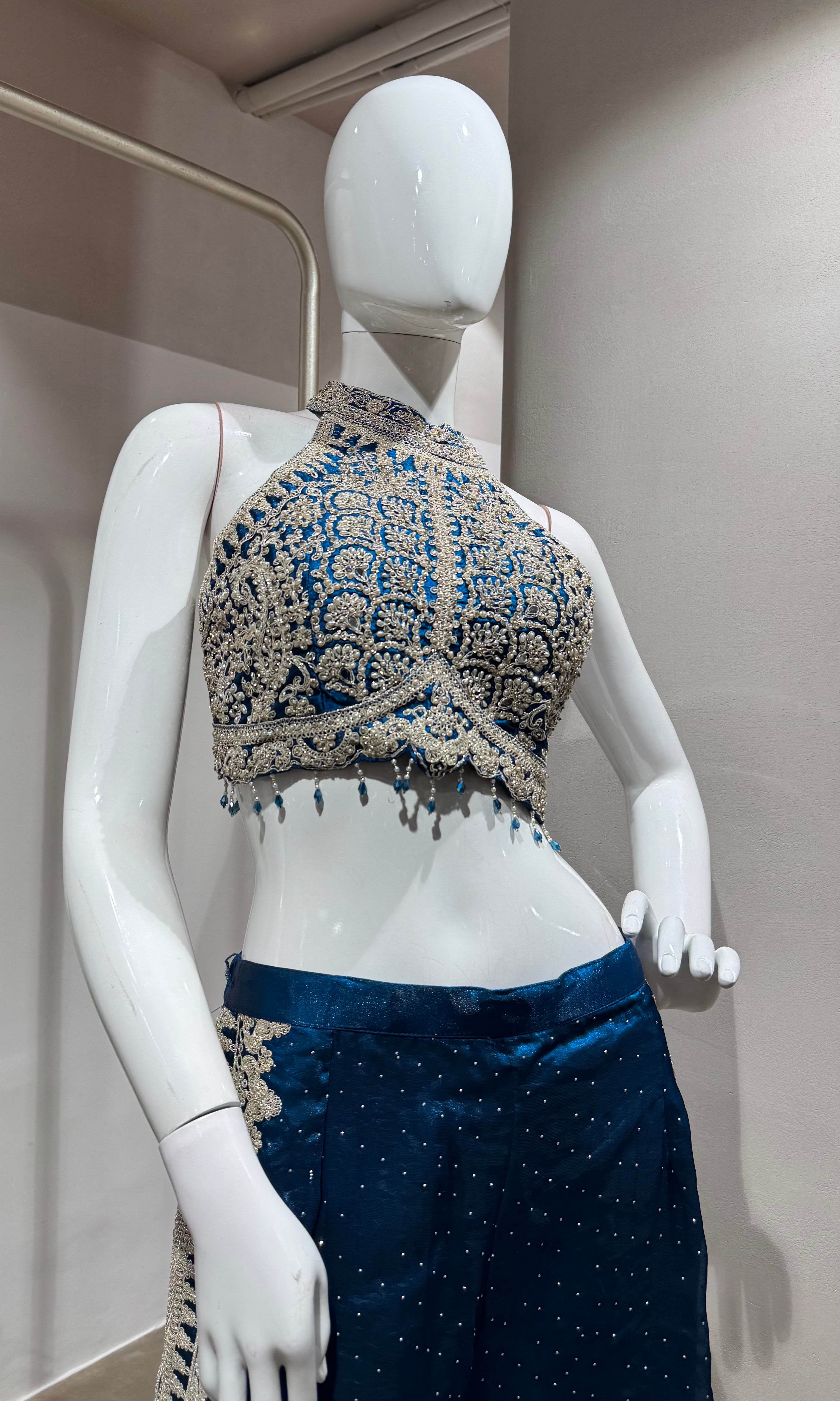 BLUE EMBROIDERED HALTER CROP TOP PALAZZO SET