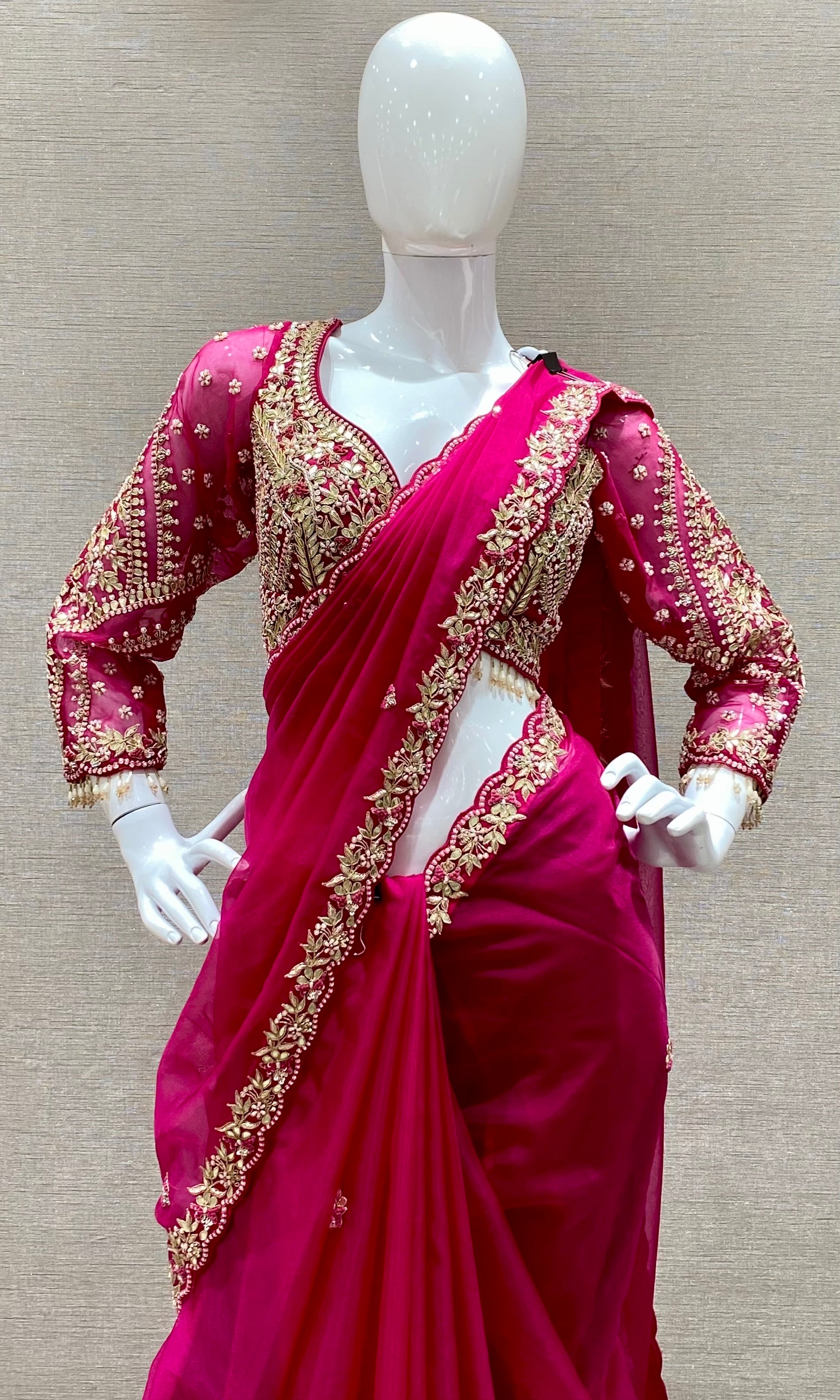 Pink saree with ready blouse