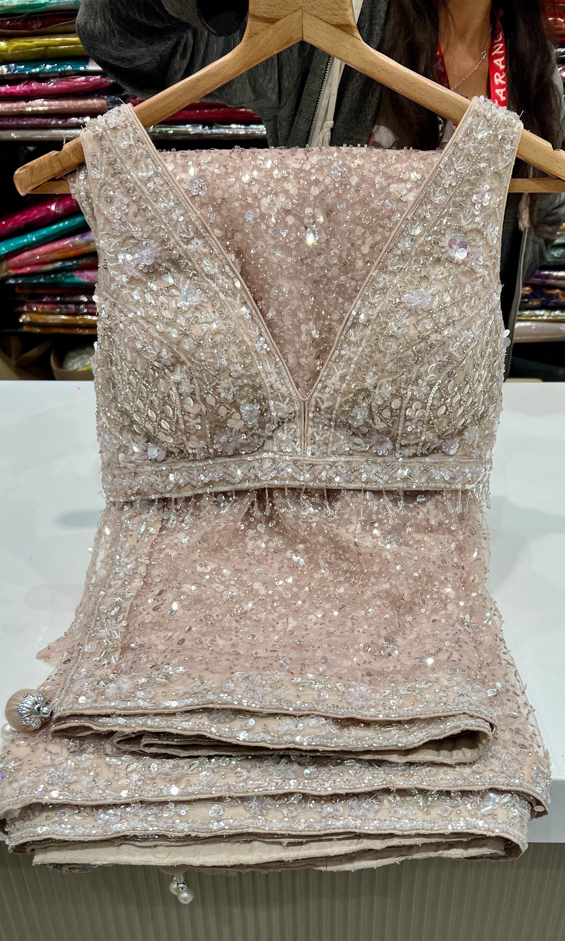 Light peach saree will ready blouse