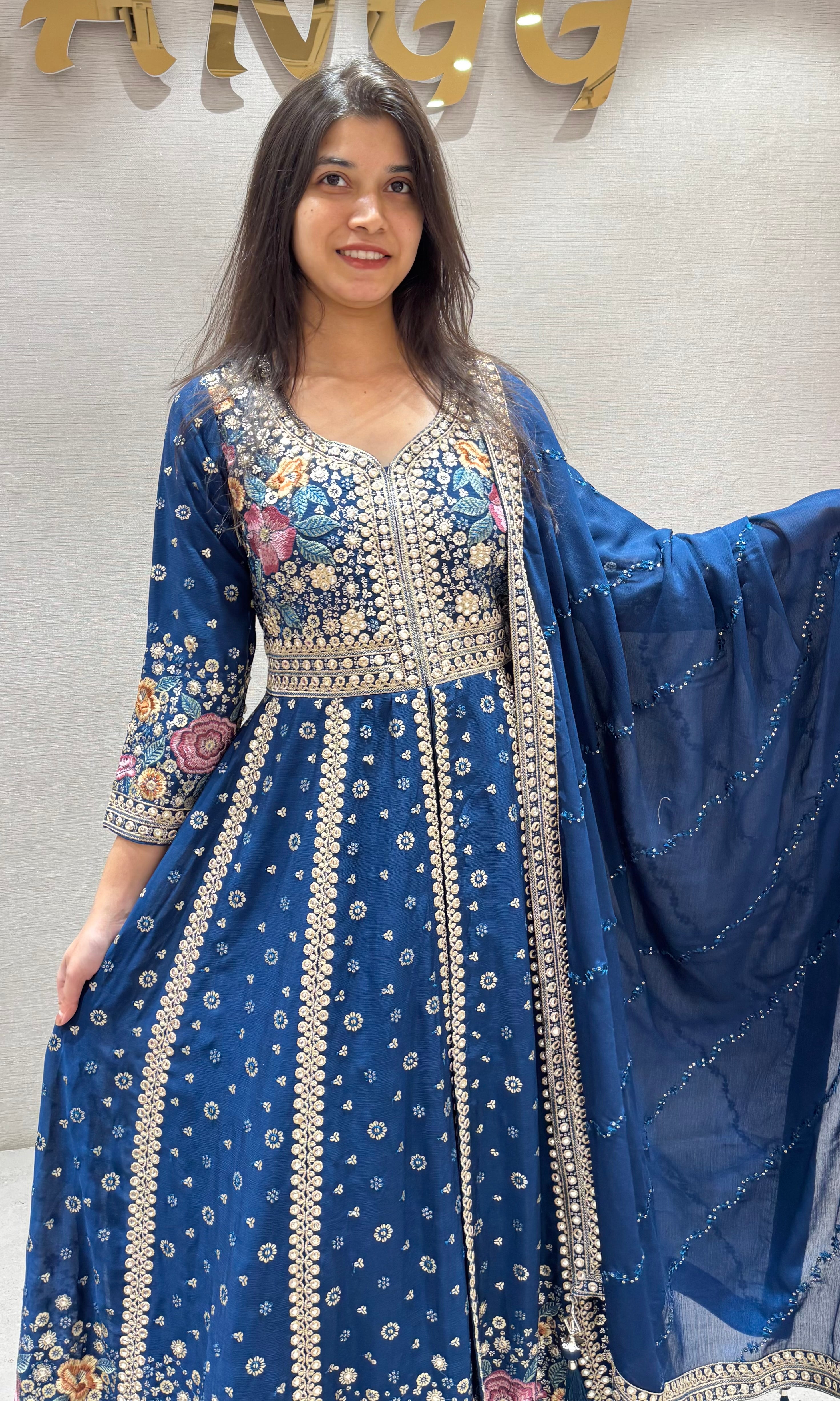 Navy Blue FLORAL Embroidered Anarkali