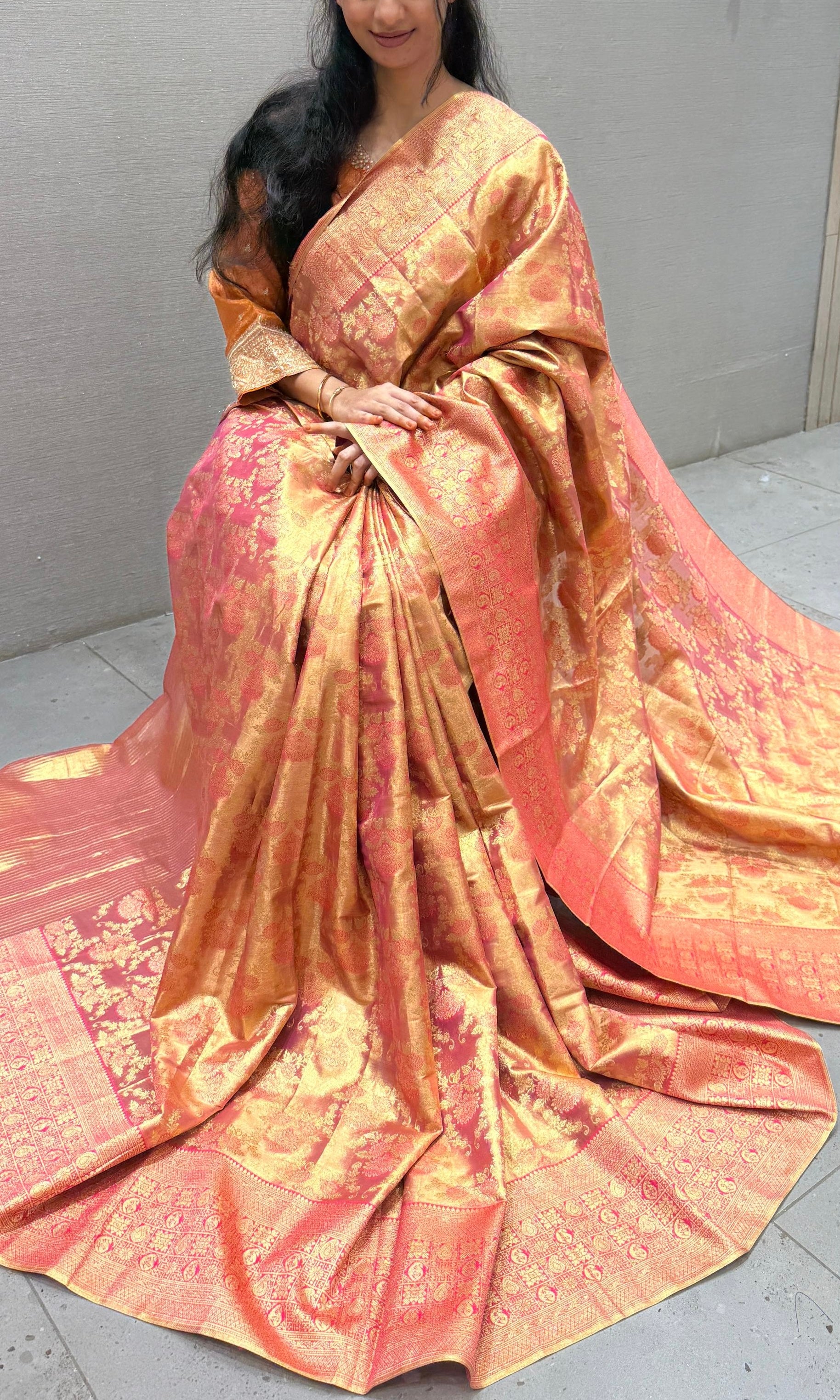 Pink saree with ready blouse