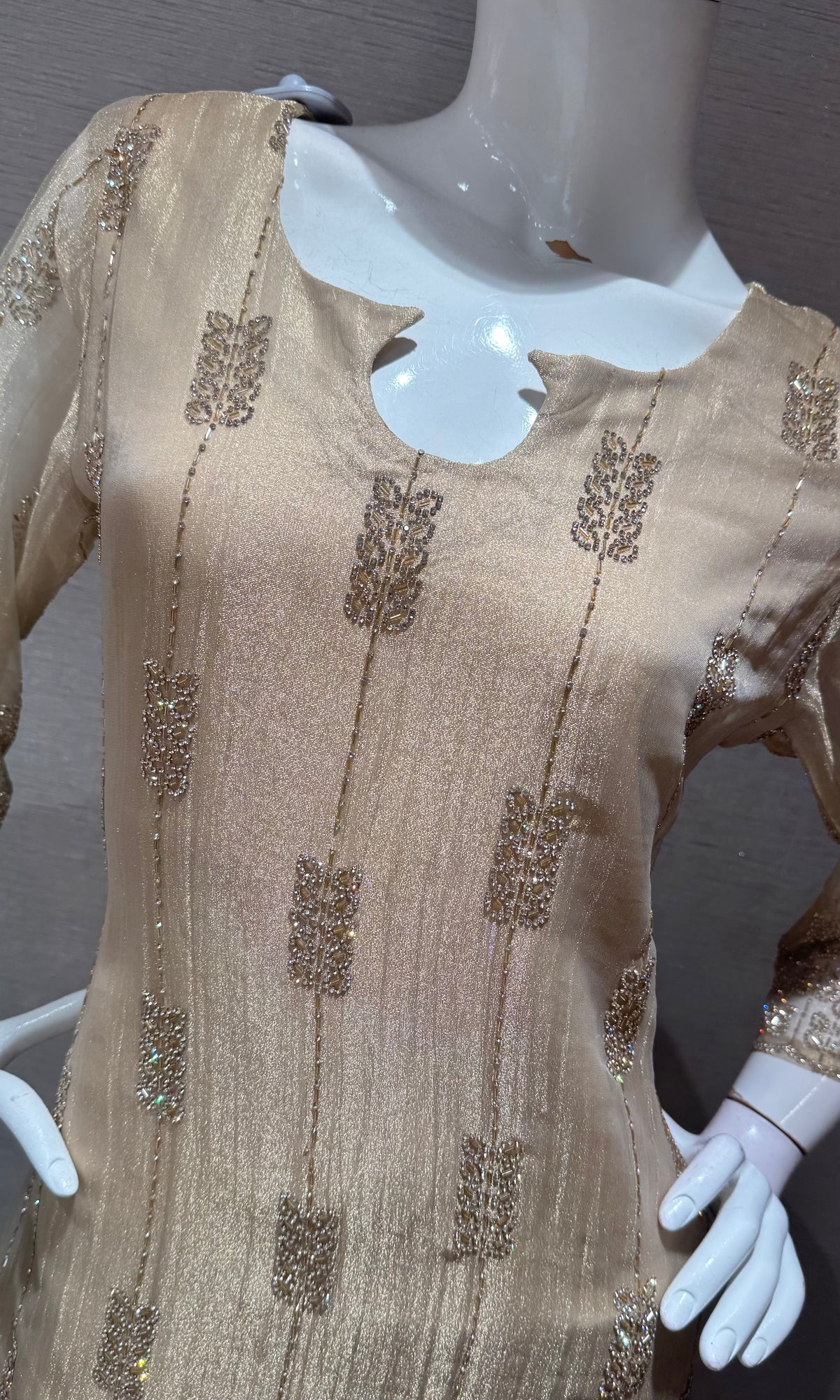 Beige Tissue silk embroidered kurta set with dupatta