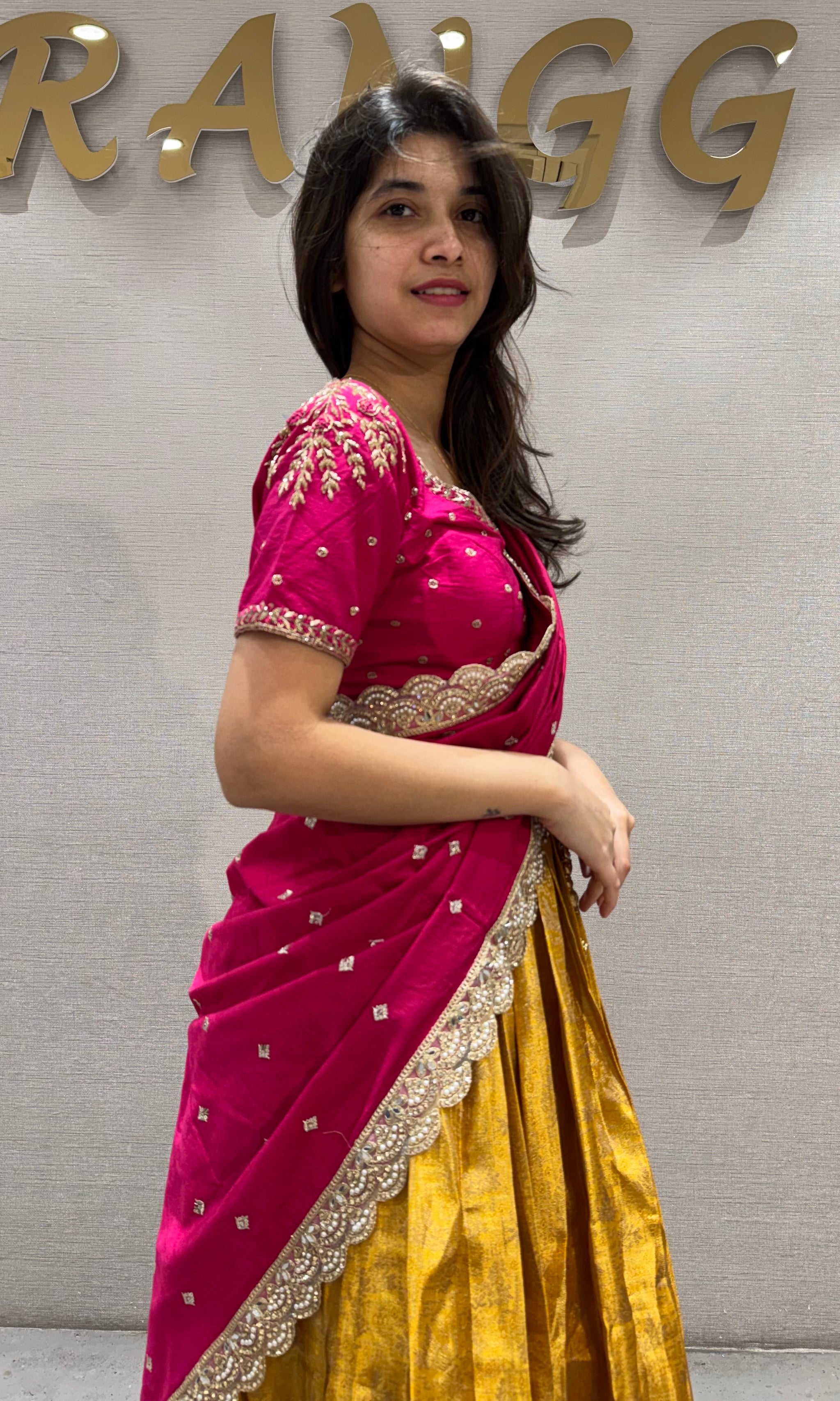 Pink & yellow Pattu Pavadai Half saree set