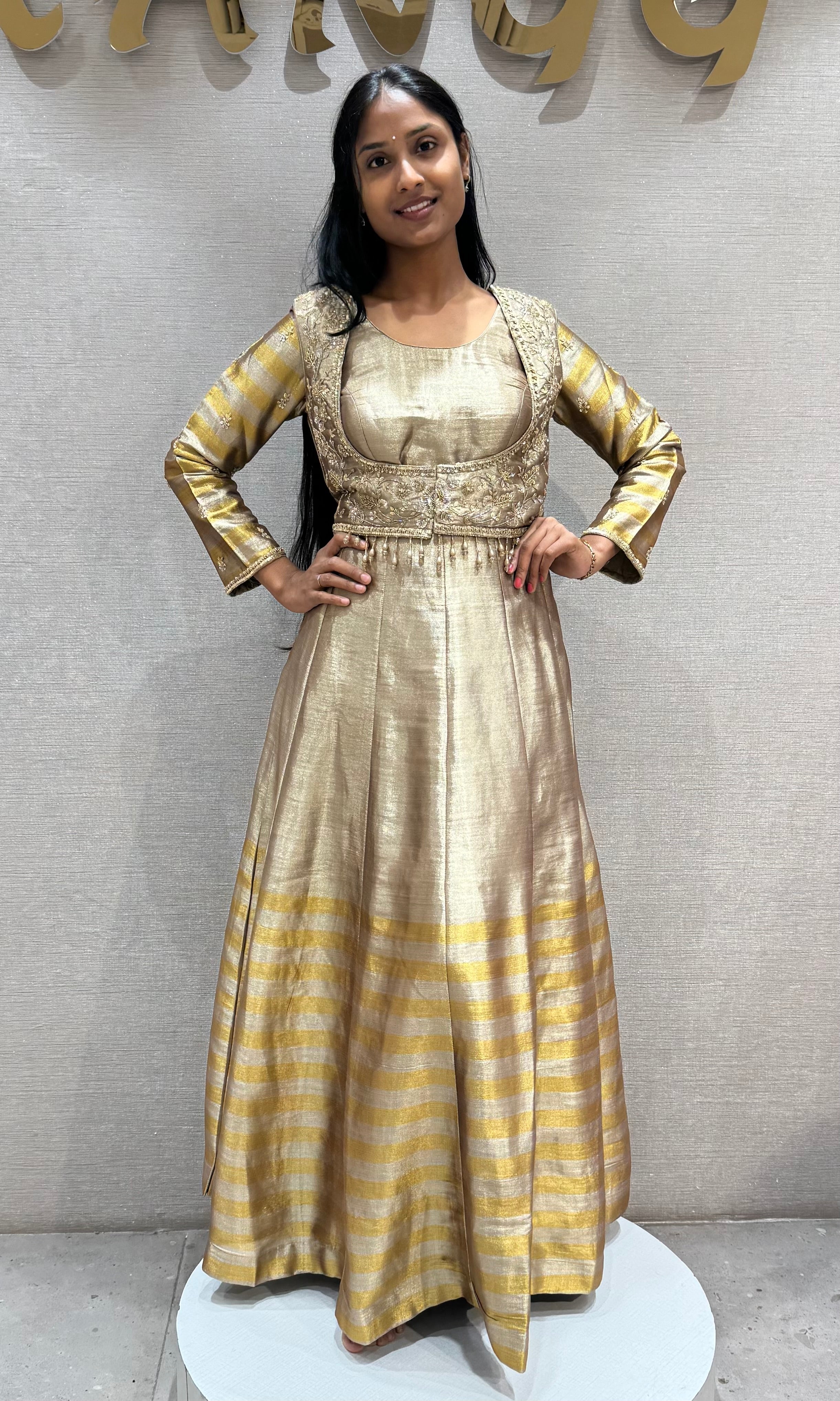 BIEGE Metallic Gold Tissue Silk Anarkali Gown