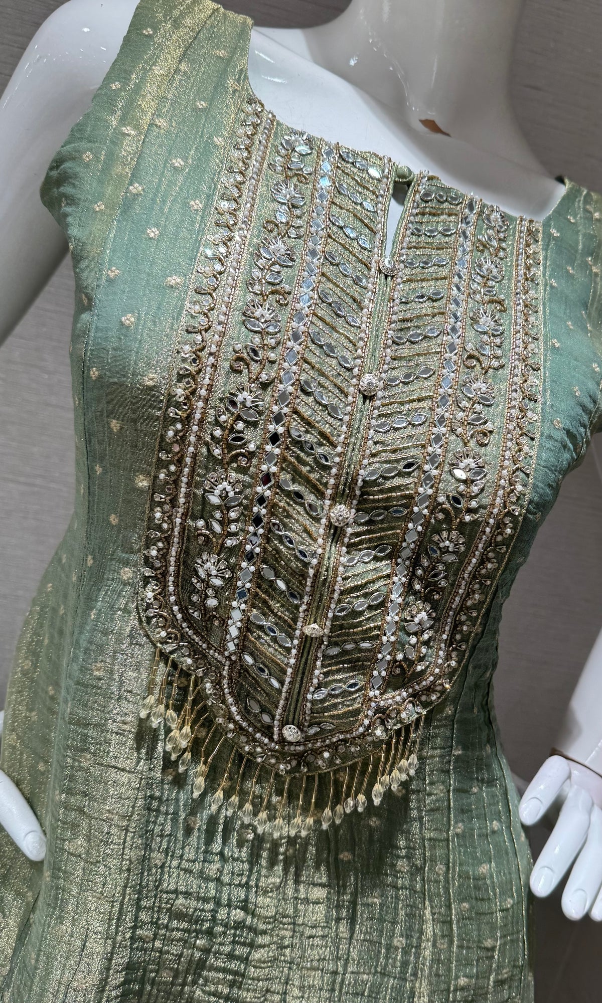 Sage Green Embroidered Tissue Silk Anarkali Set