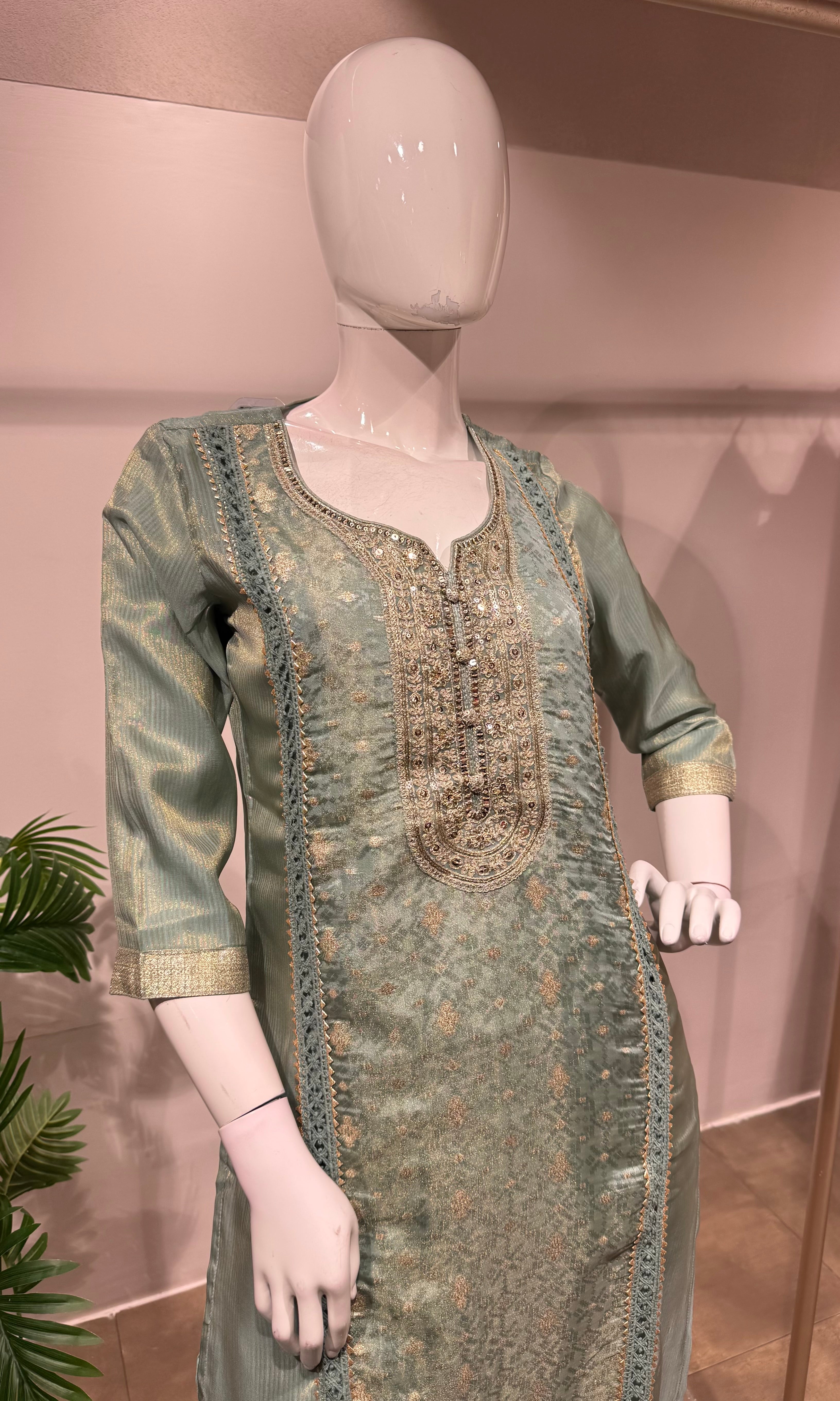 Pista green Embroidered Straight Kurta set