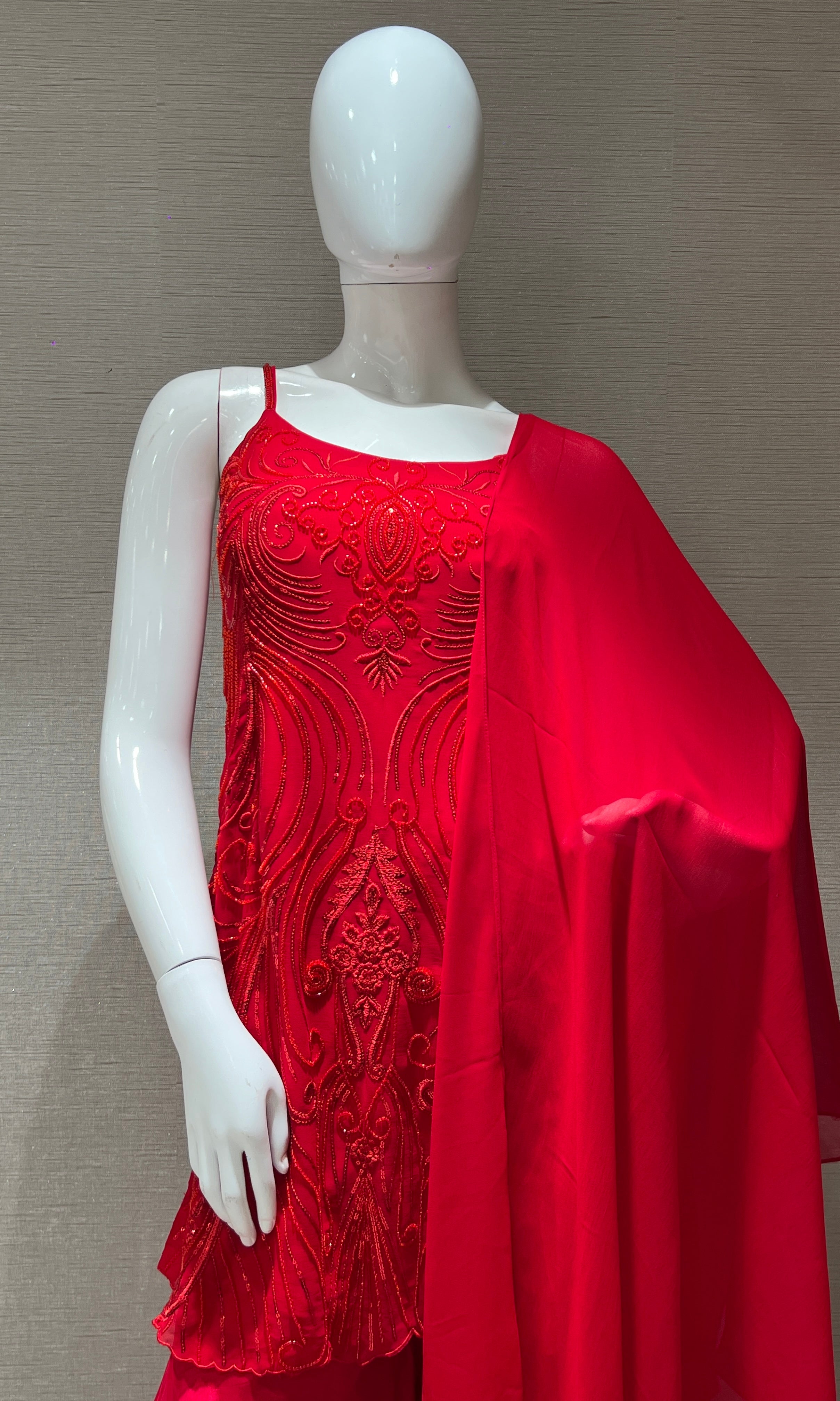 cherry Red silk palazzo set with bead work