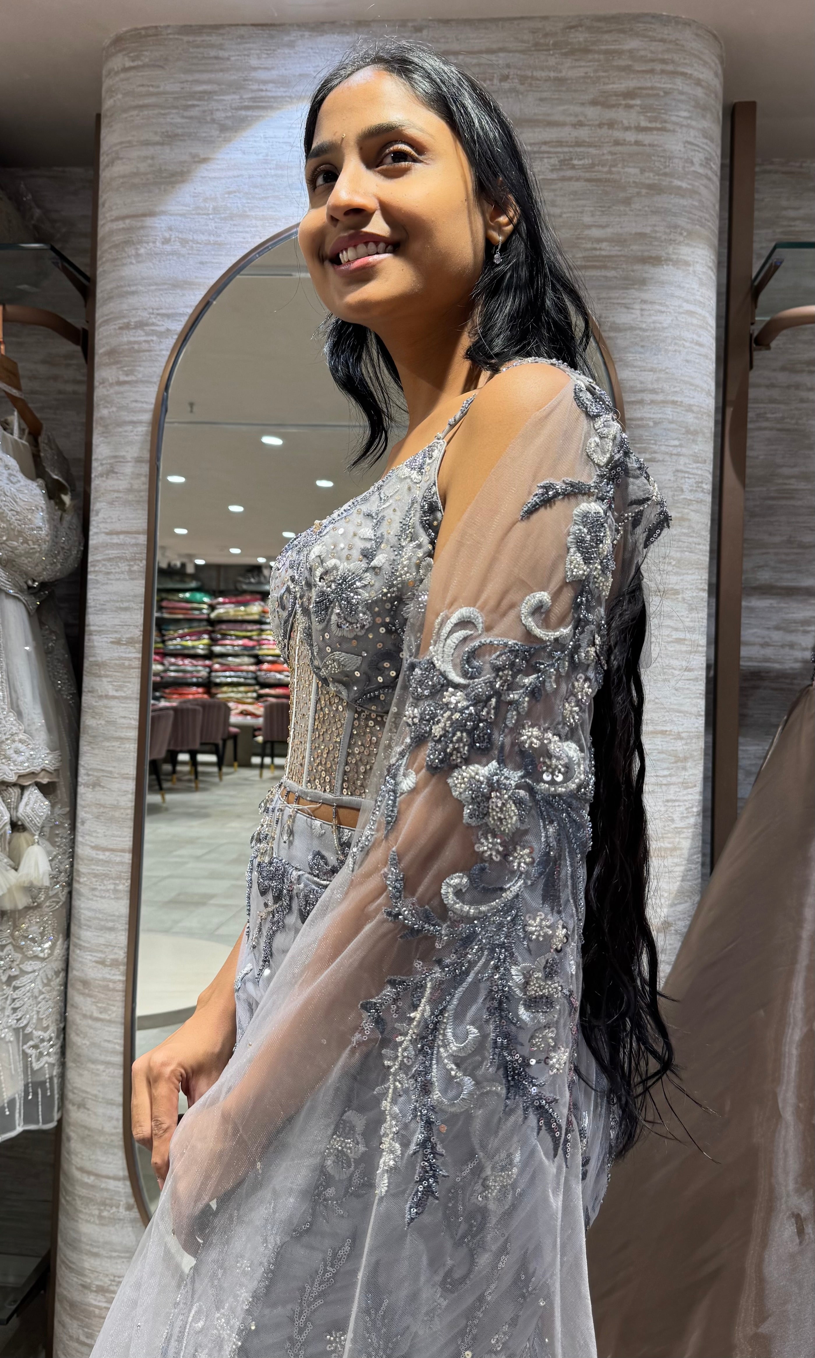 Grey Shimmer Sequins Embroidery Lehenga