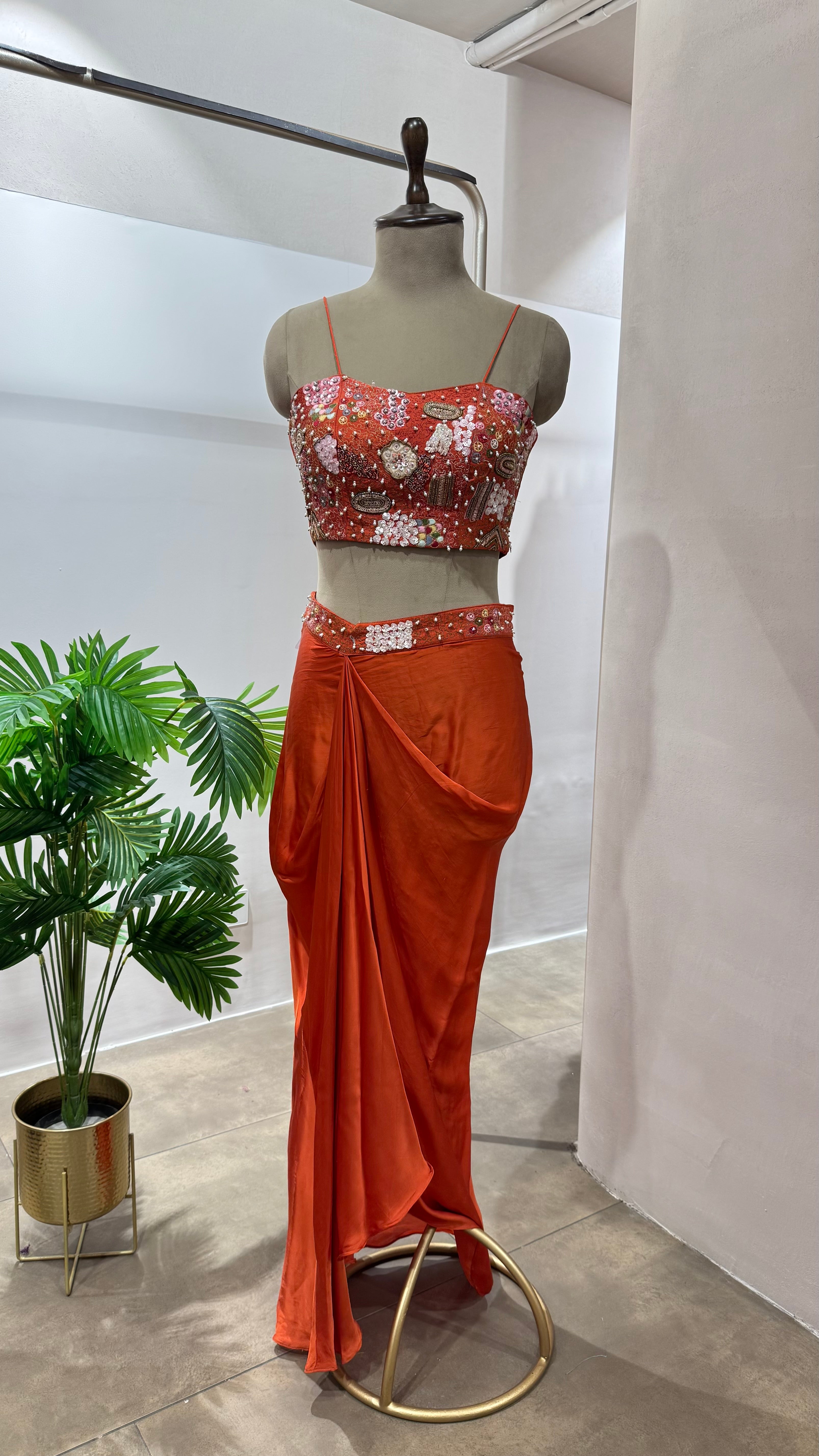 Rust FLORAL BLOUSE WITH SKIRT AND CAPE