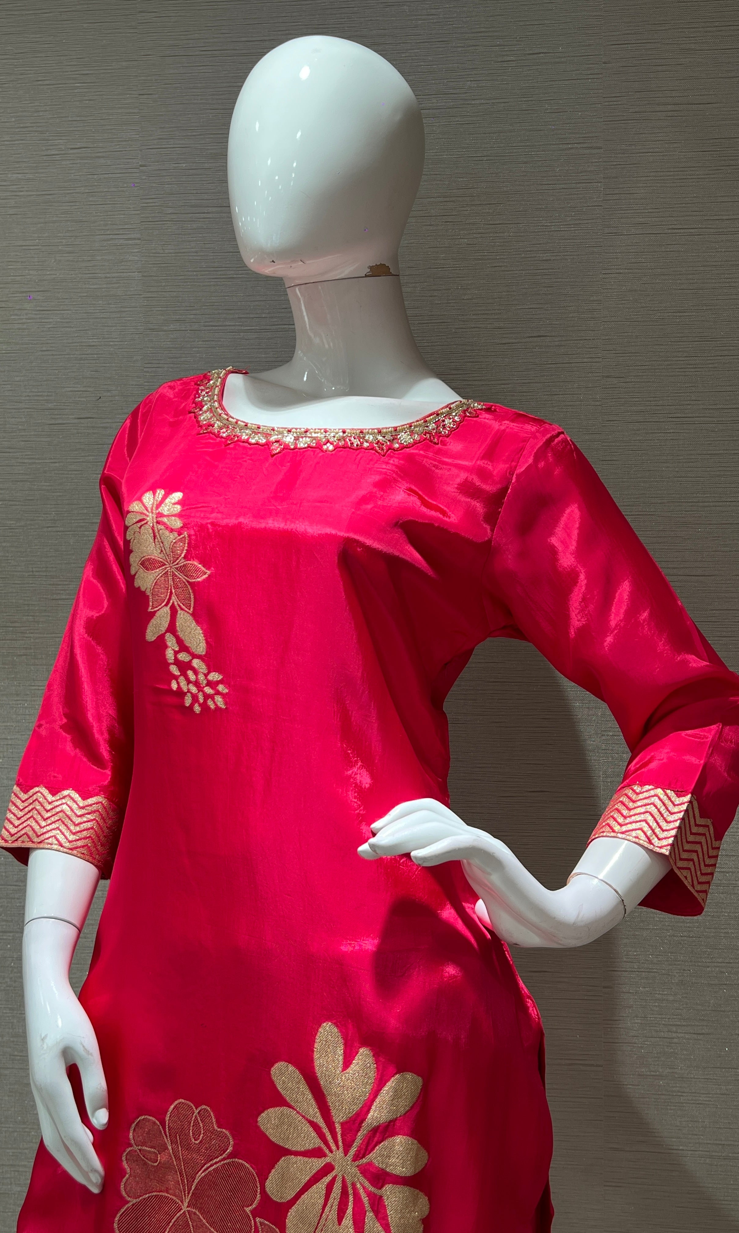 rani pink golden FLORAL kurta seT