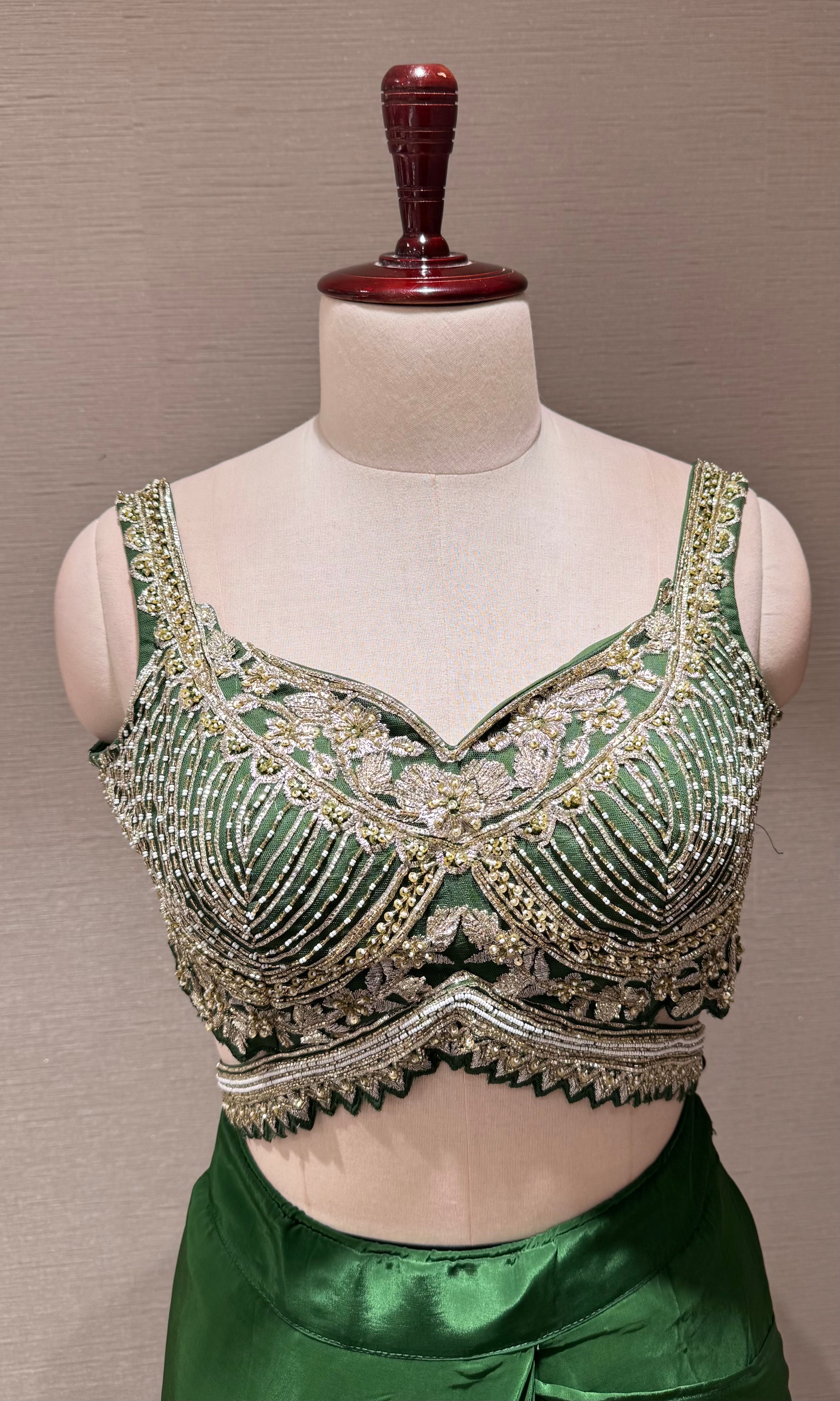 Green Draped Saree with Embellished Silver Blouse
