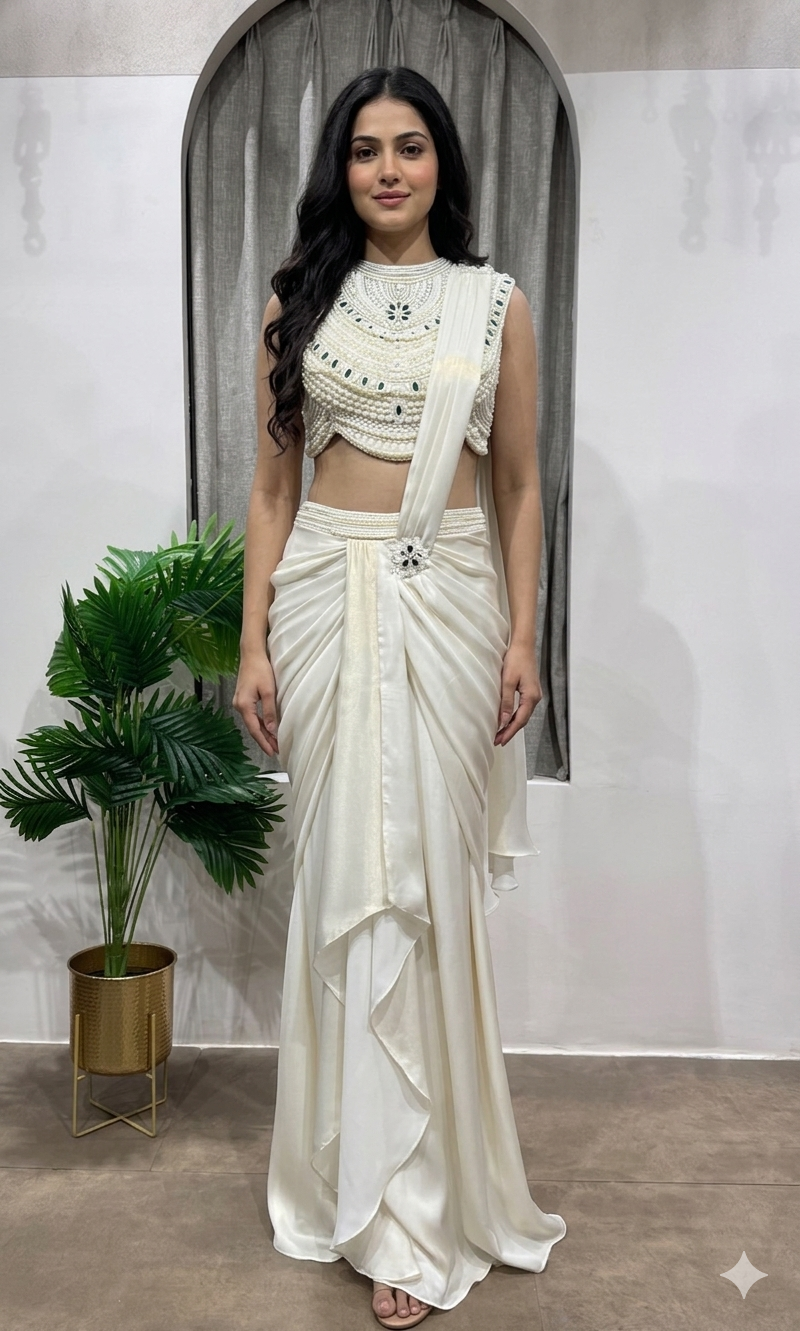 White Pearl Embroidered Satin Draped SKIRT