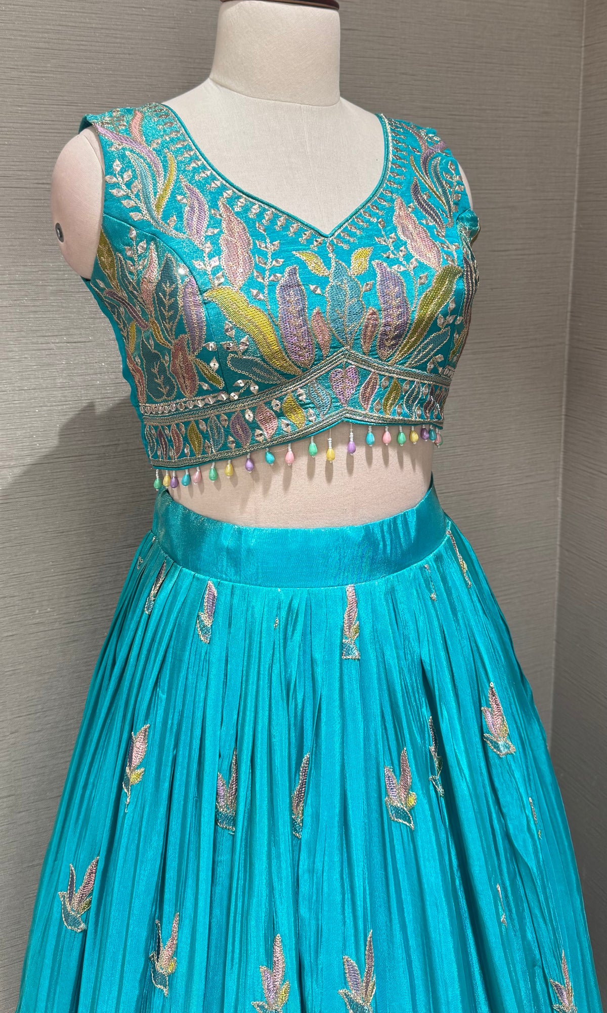 Sea Blue Tissue silk Floral Print Lehenga Set