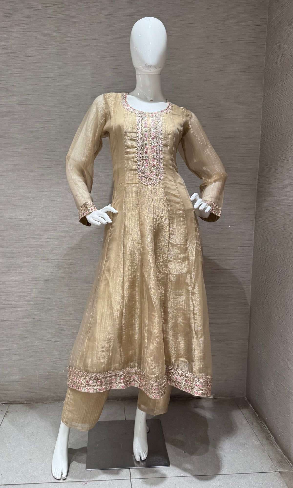 BEIGE EMBROIDERED TISSUE ANARKALI SET WITH FLORAL DUPATTA