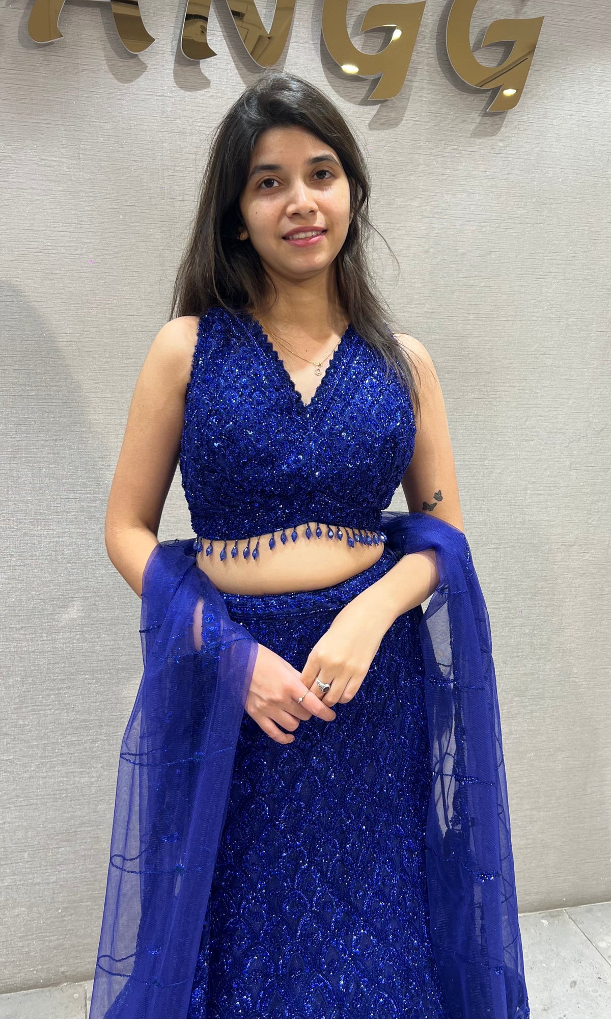 Royal Blue Sequined fish cut Lehenga Set with net dupatta