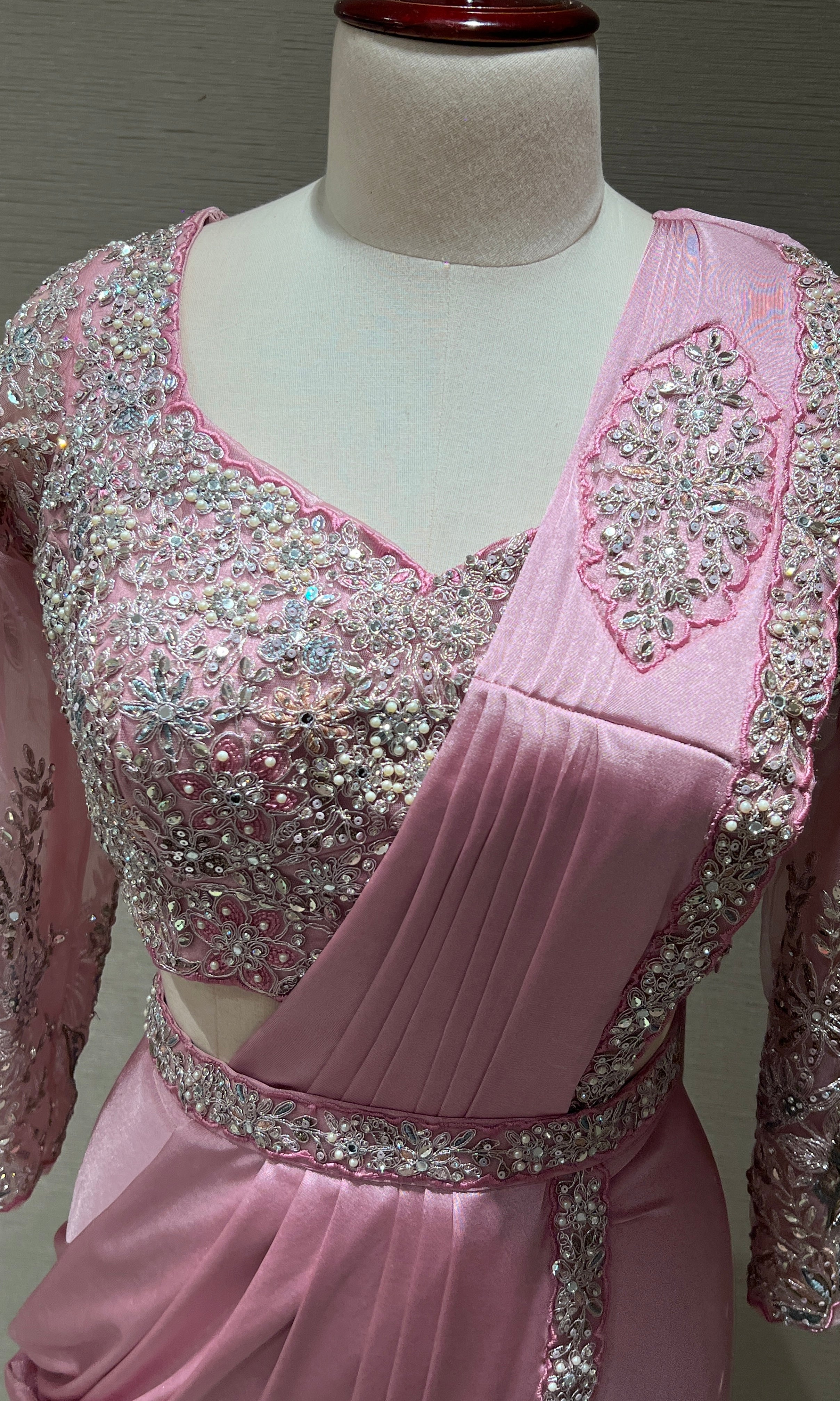 PINK DRAPE SAREE WITH FLORAL BLOUSE & BELT