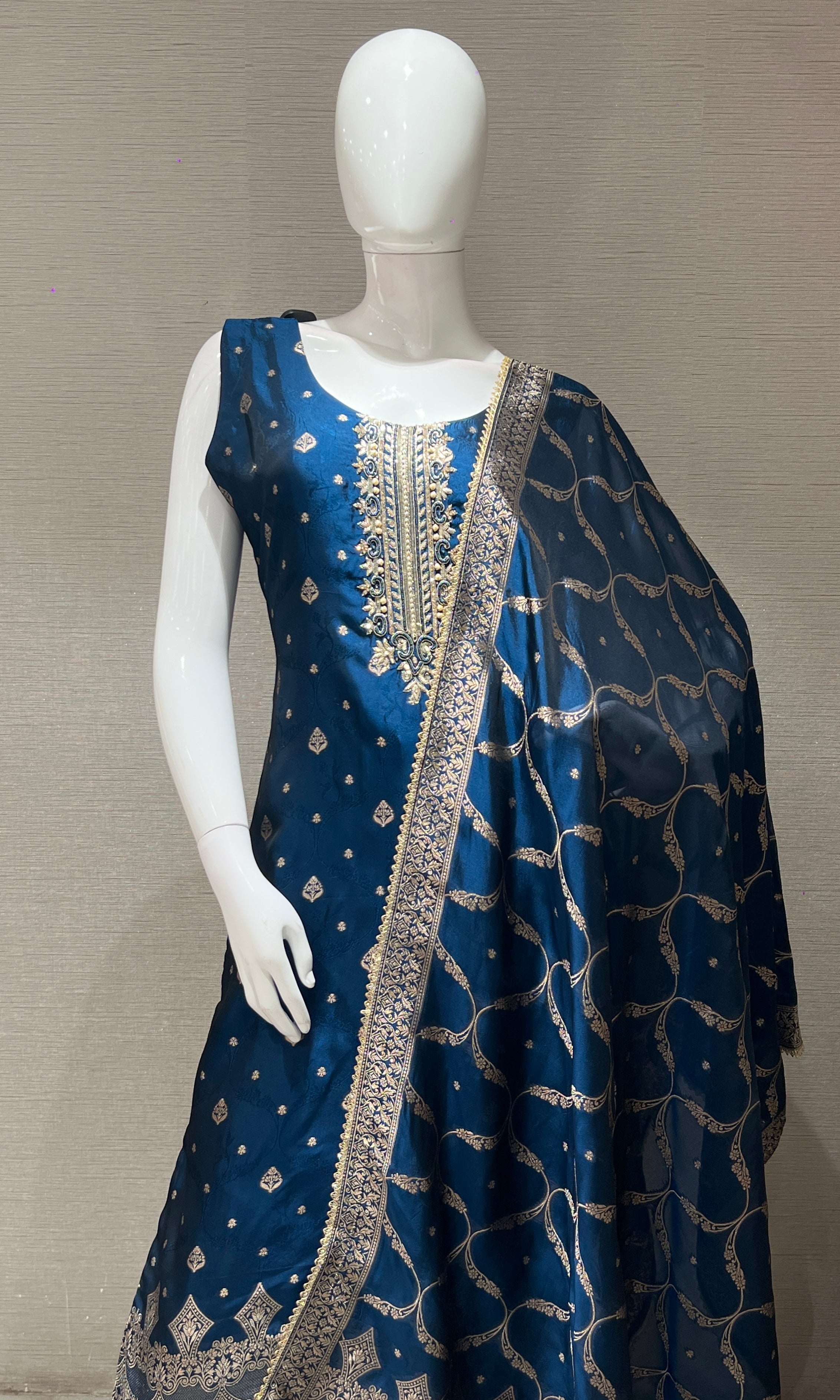 navy blue gold print embroidery kurta set
