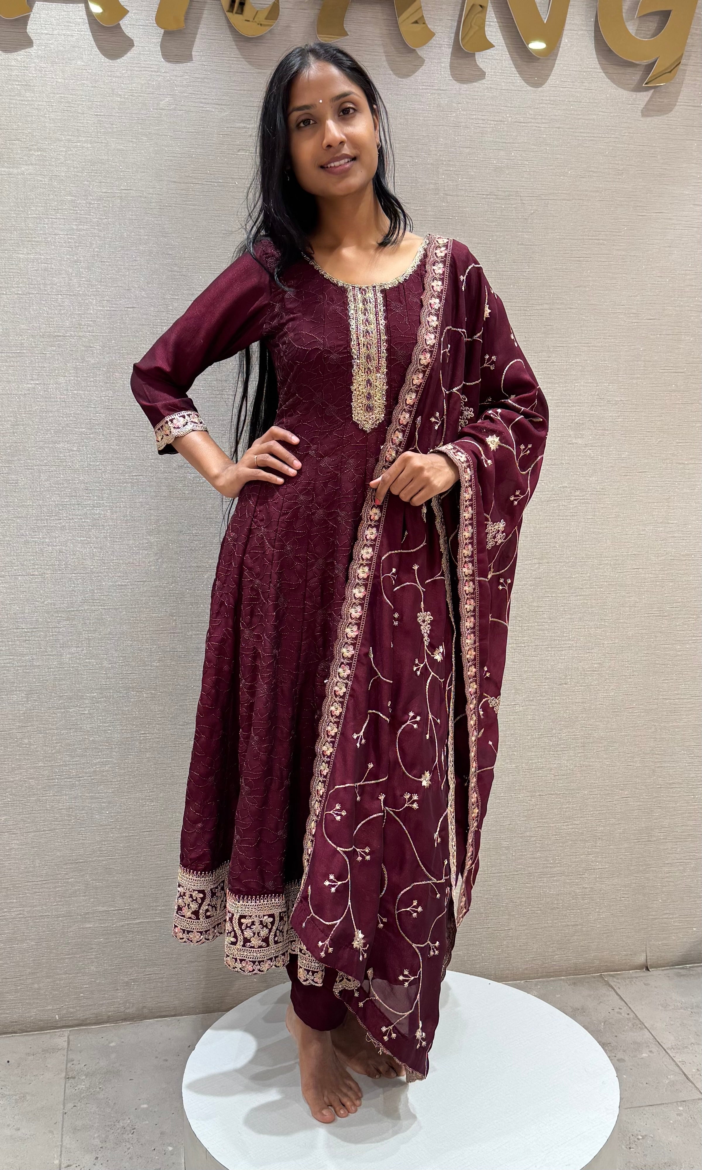 Wine intricate gold embroidery anarkali set