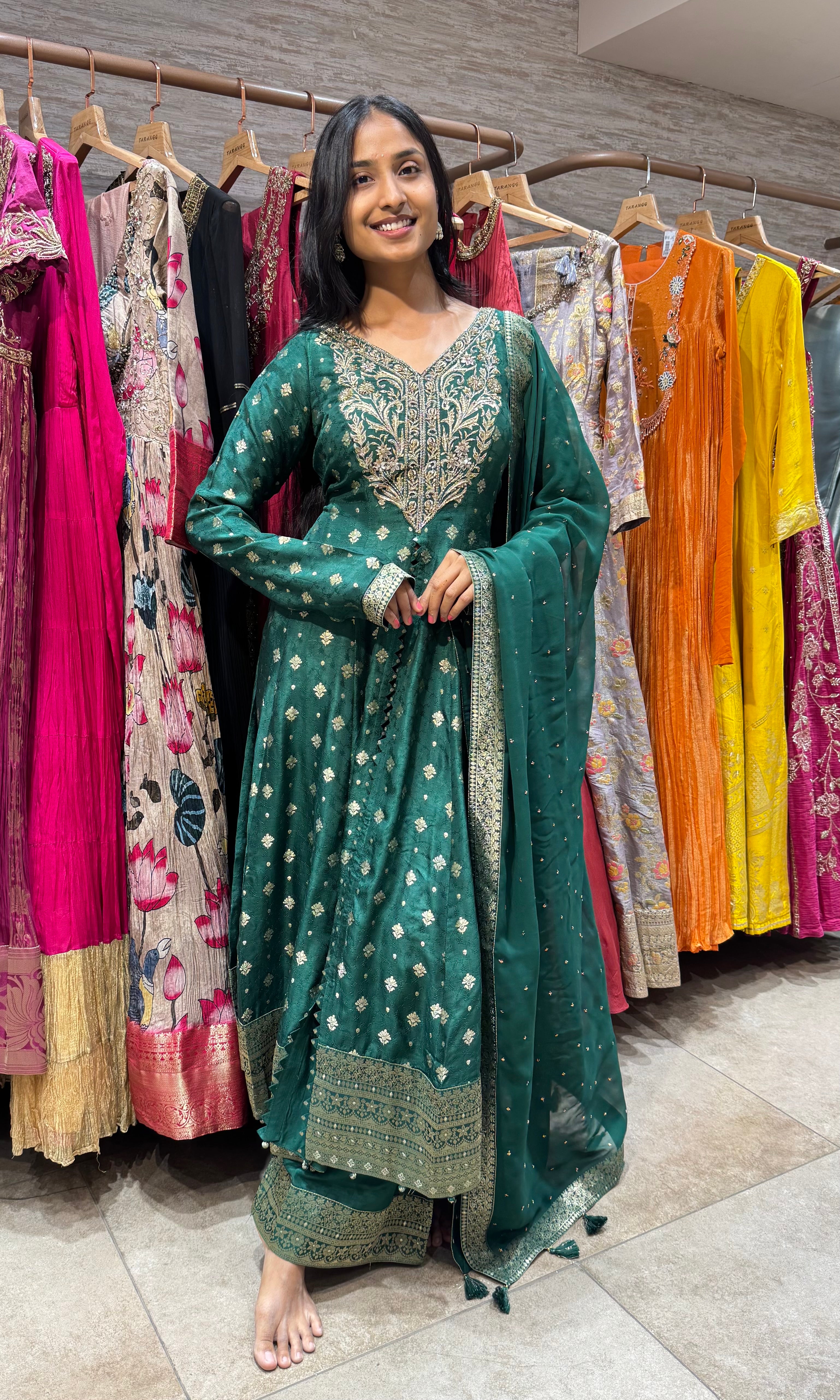 GREEN GOLDEN ANARKALI WITH PALAZZO PANTS