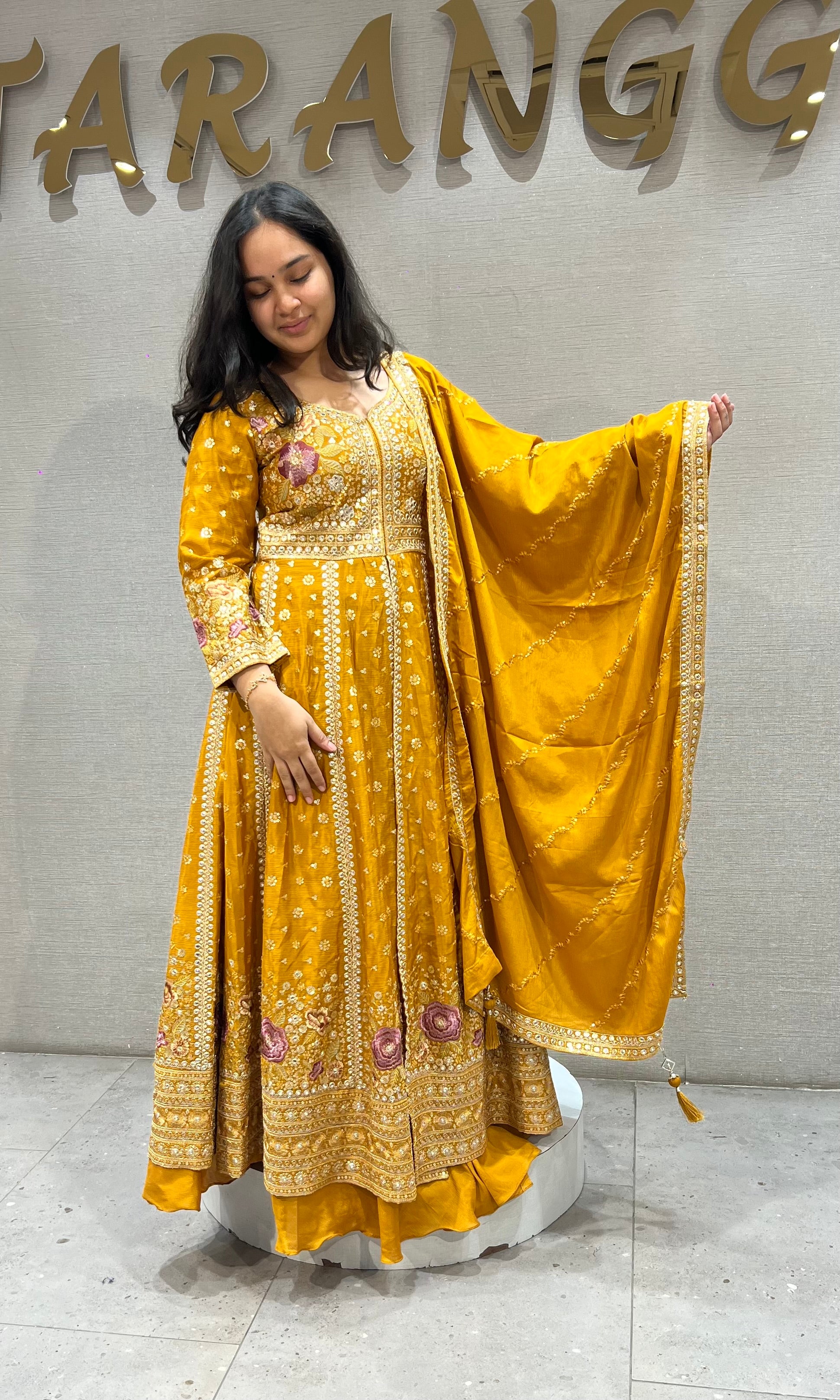 Mustard Yellow Silk Anarkali set with Zari dupatta