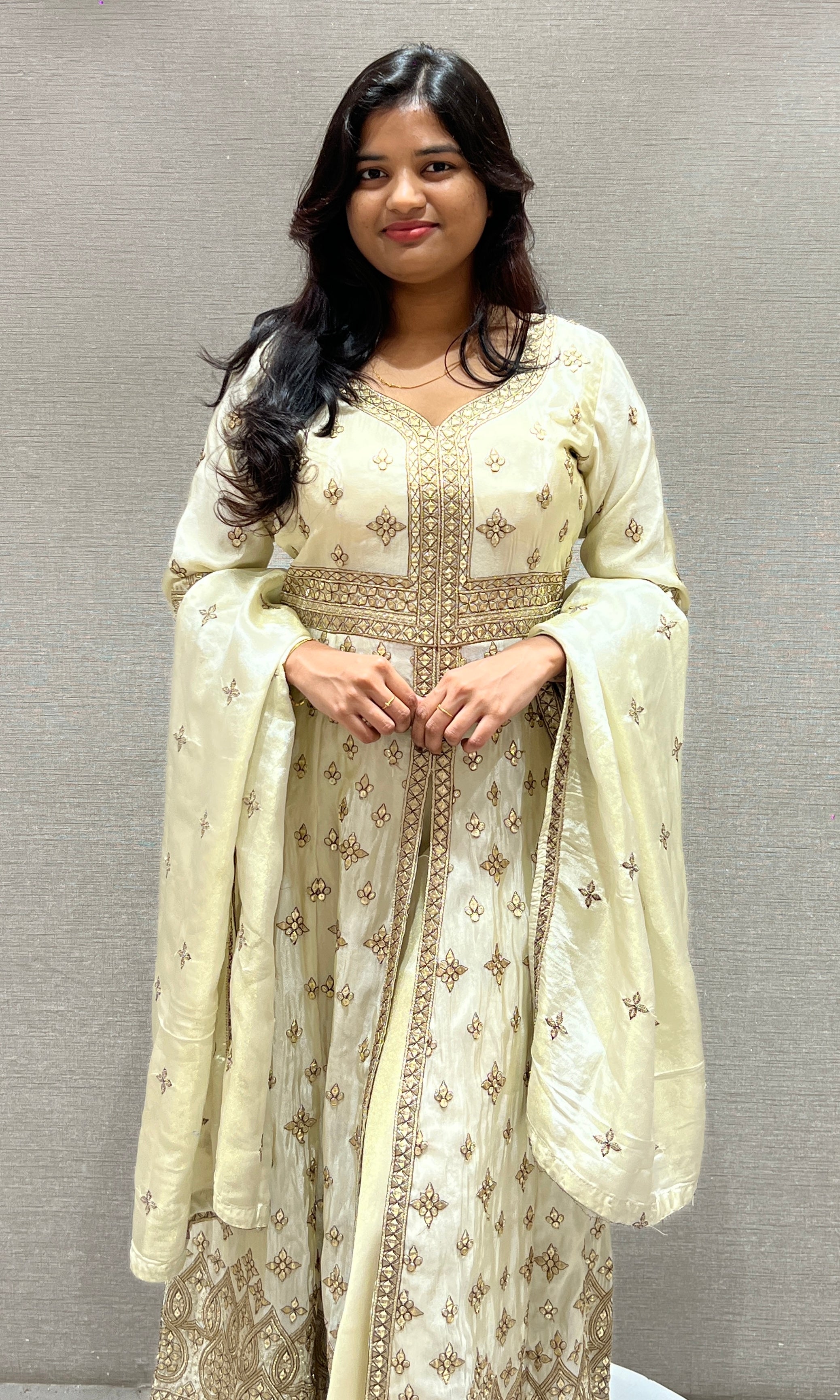 Cream and Gold Anarkali Long Gown