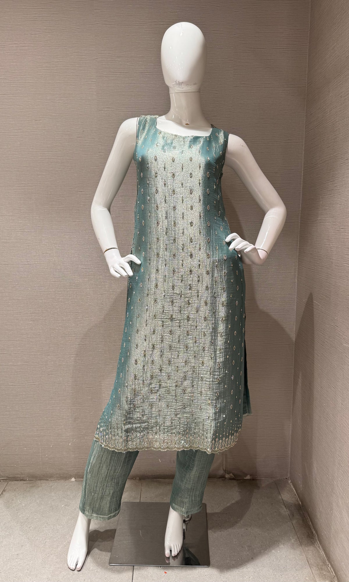 Sage Green tissue silk Kurta Set with Dupatta