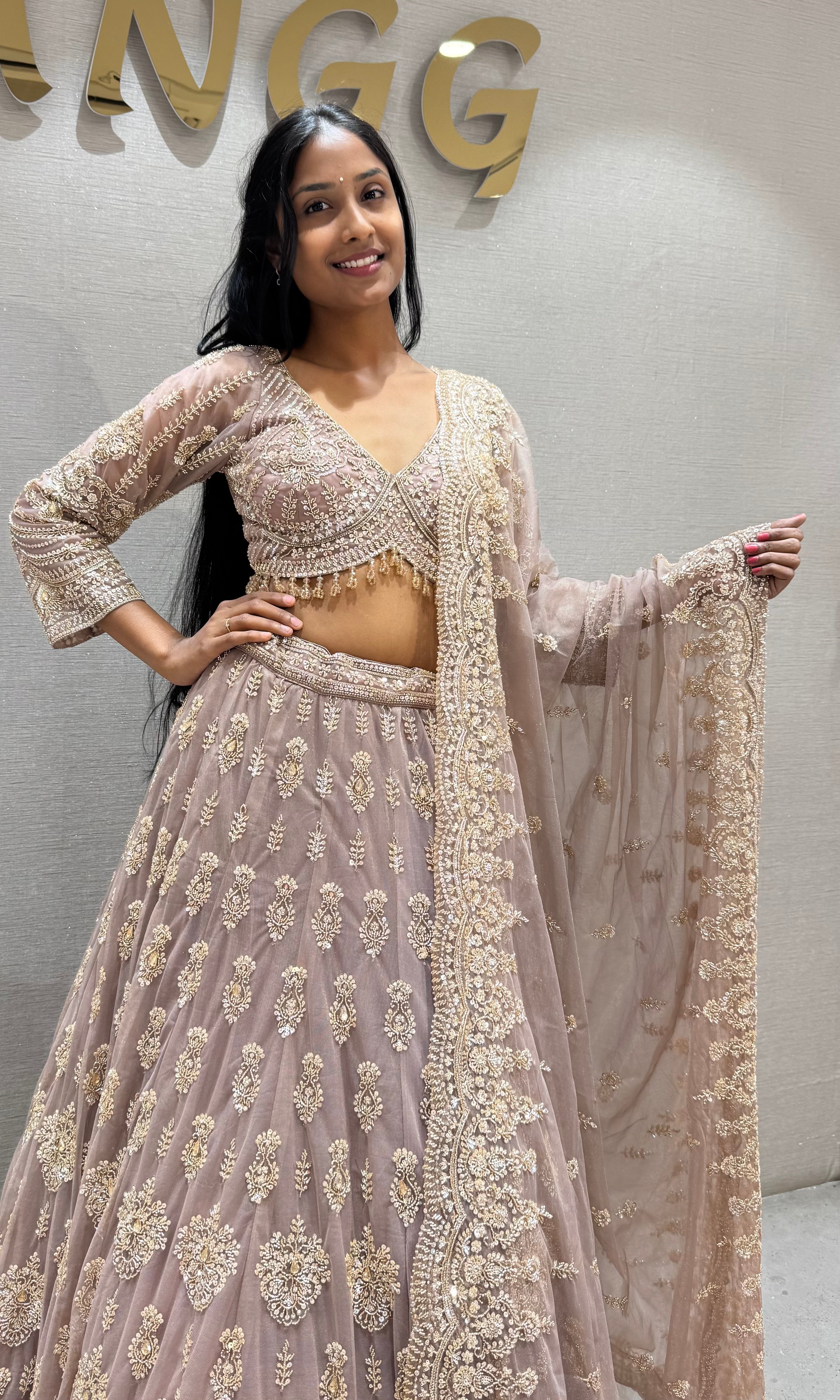 Mauve Embroidered Net Bridal Lehenga Set