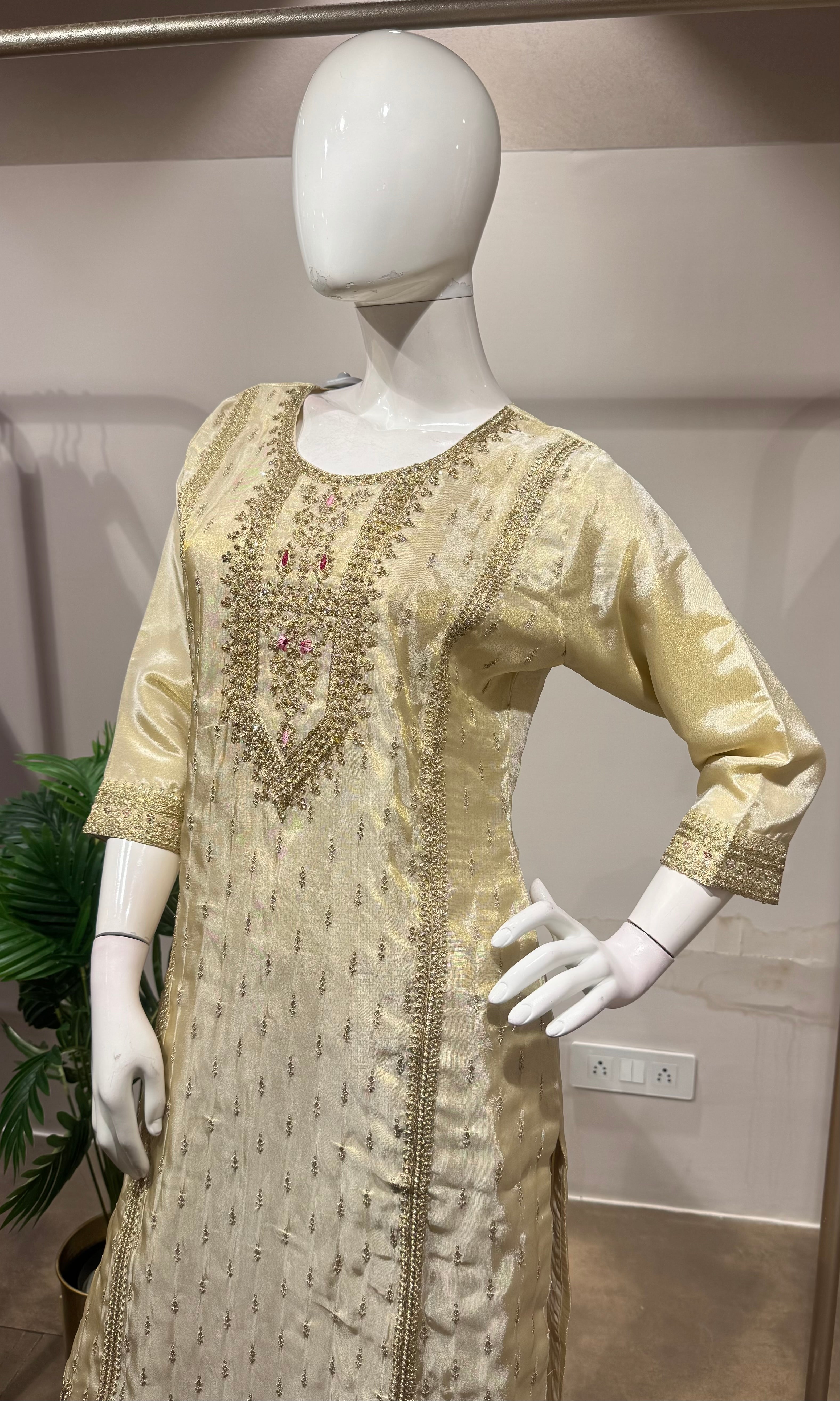 Cream Embroidered Salwar Set with Pink Dupatta